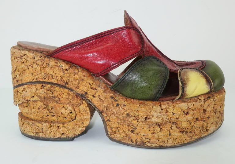 1970's Patchwork Leather Cork Platform Shoes at 1stDibs