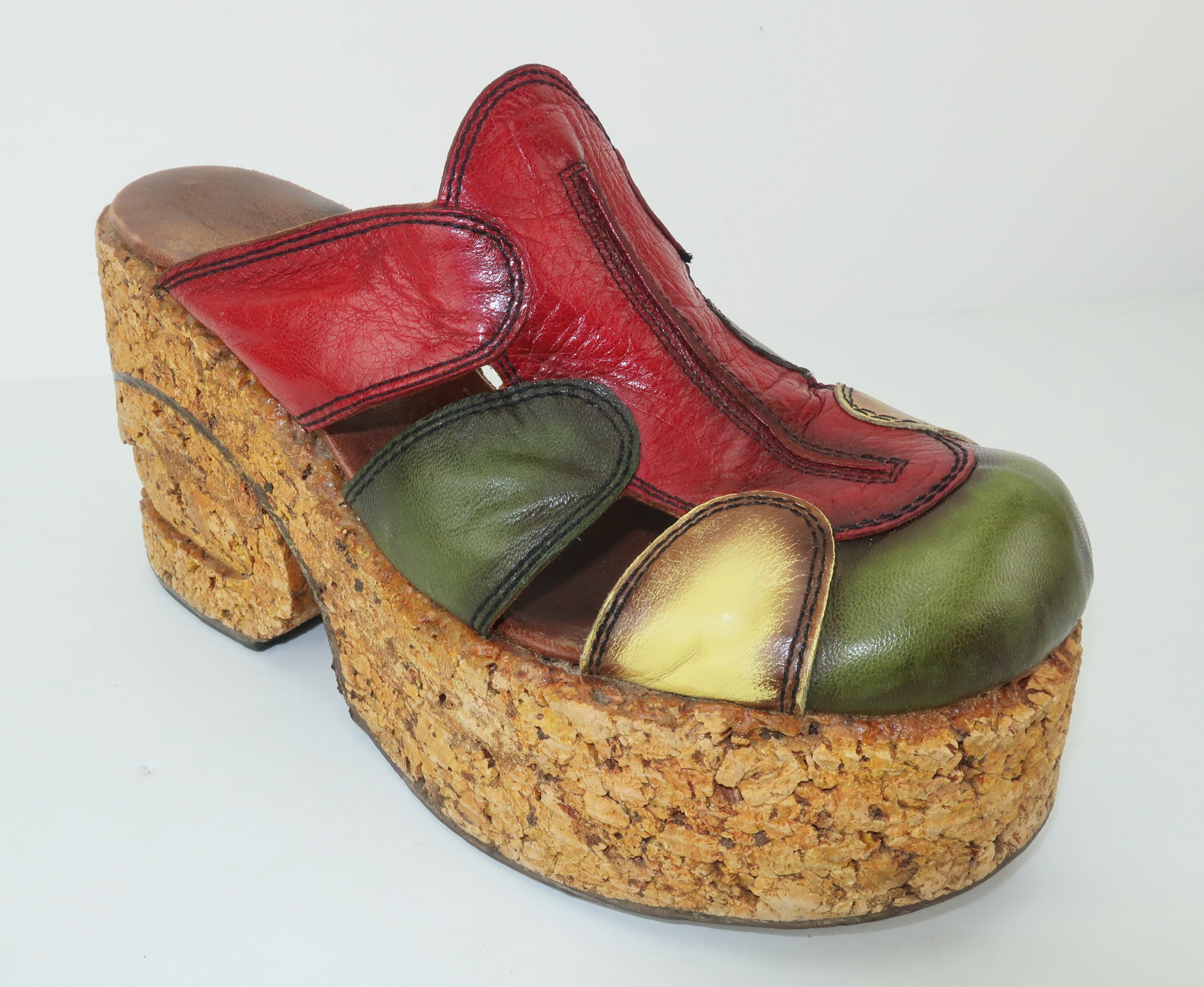 Brown 1970's Patchwork Leather Cork Platform Shoes