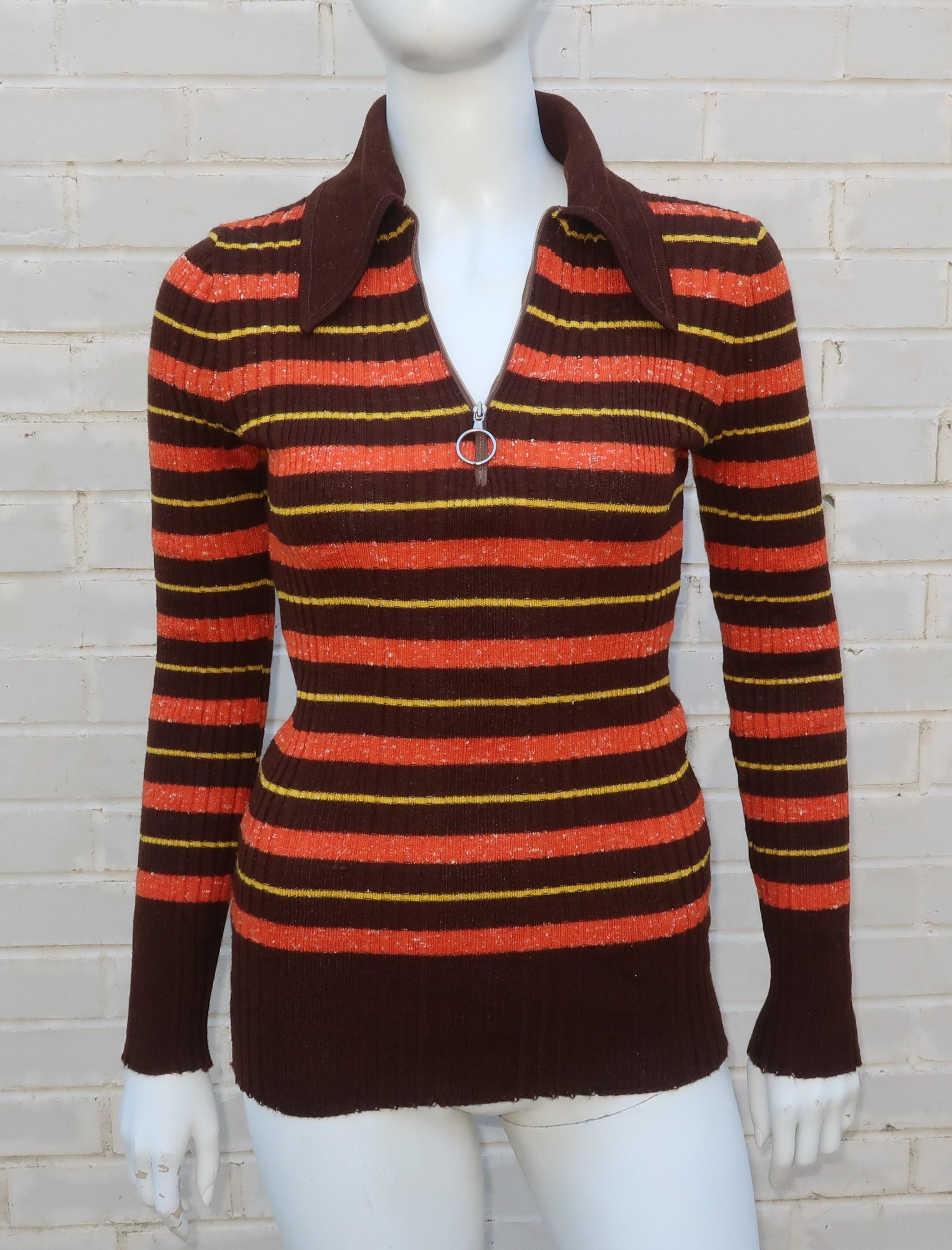 1970's Italian Ribbed Knit Brown Striped Skinny Top 1