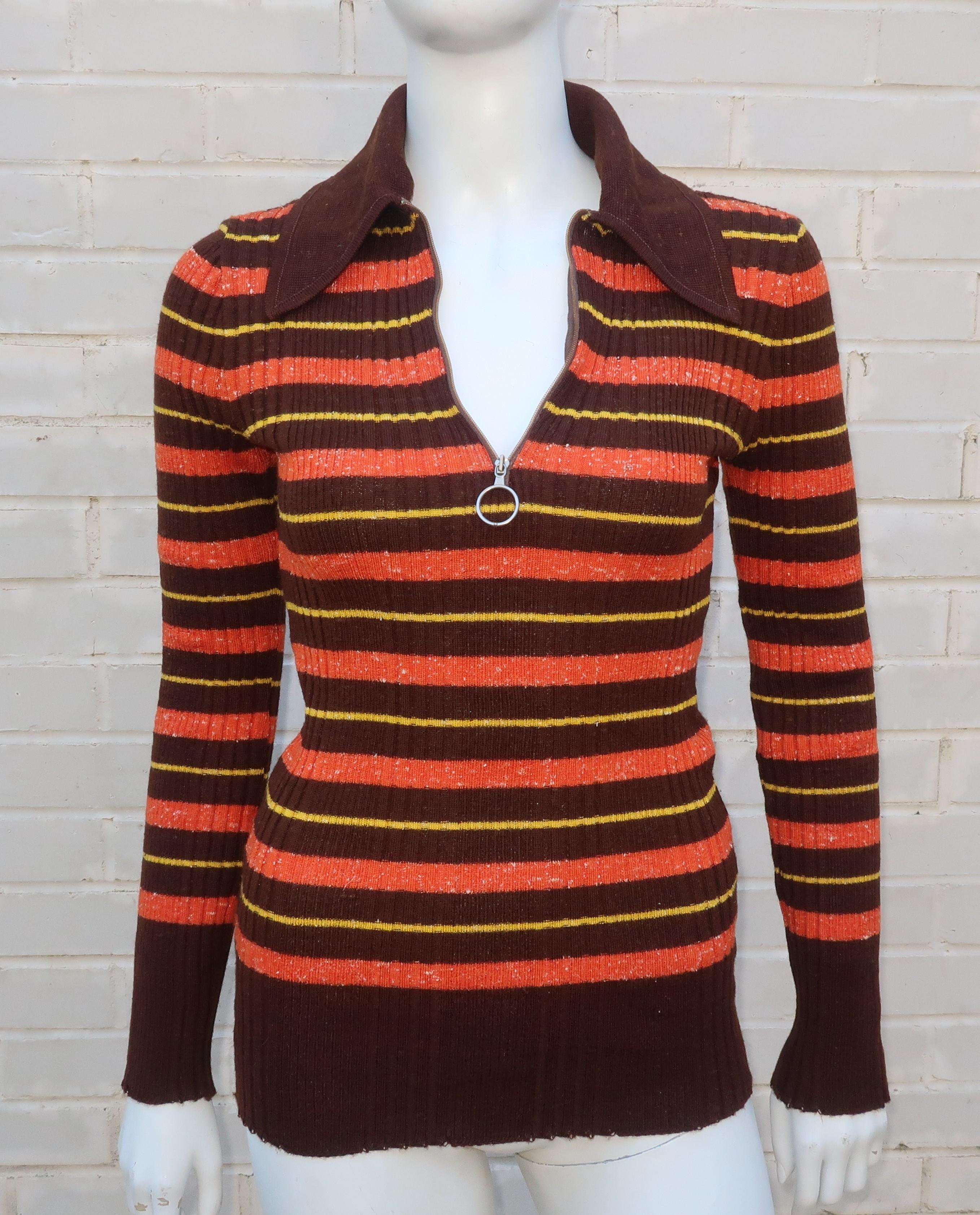 1970's Italian Ribbed Knit Brown Striped Skinny Top 2