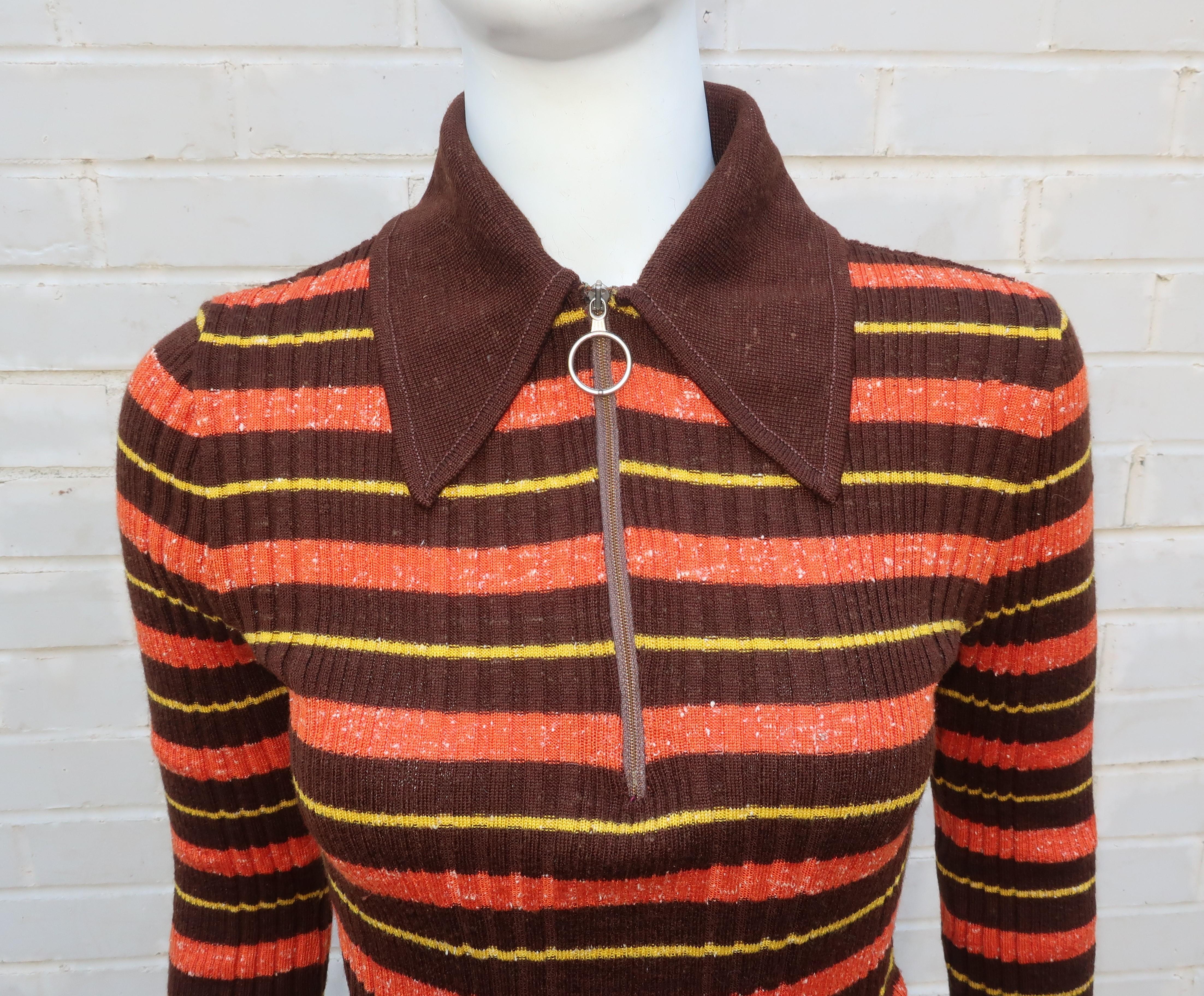 Women's 1970's Italian Ribbed Knit Brown Striped Skinny Top
