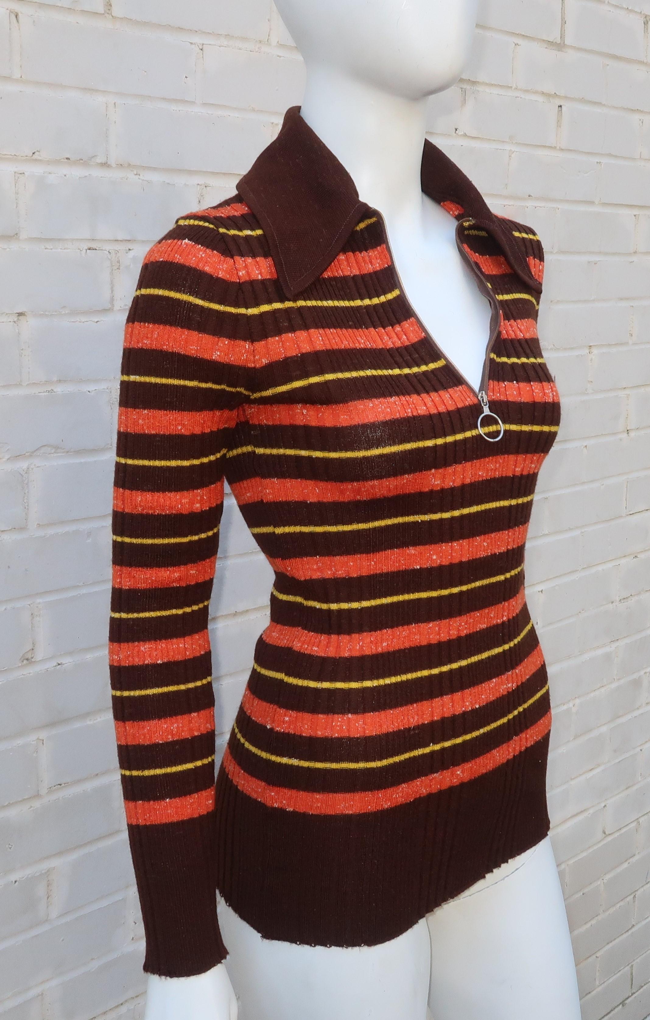 1970's Italian Ribbed Knit Brown Striped Skinny Top 3