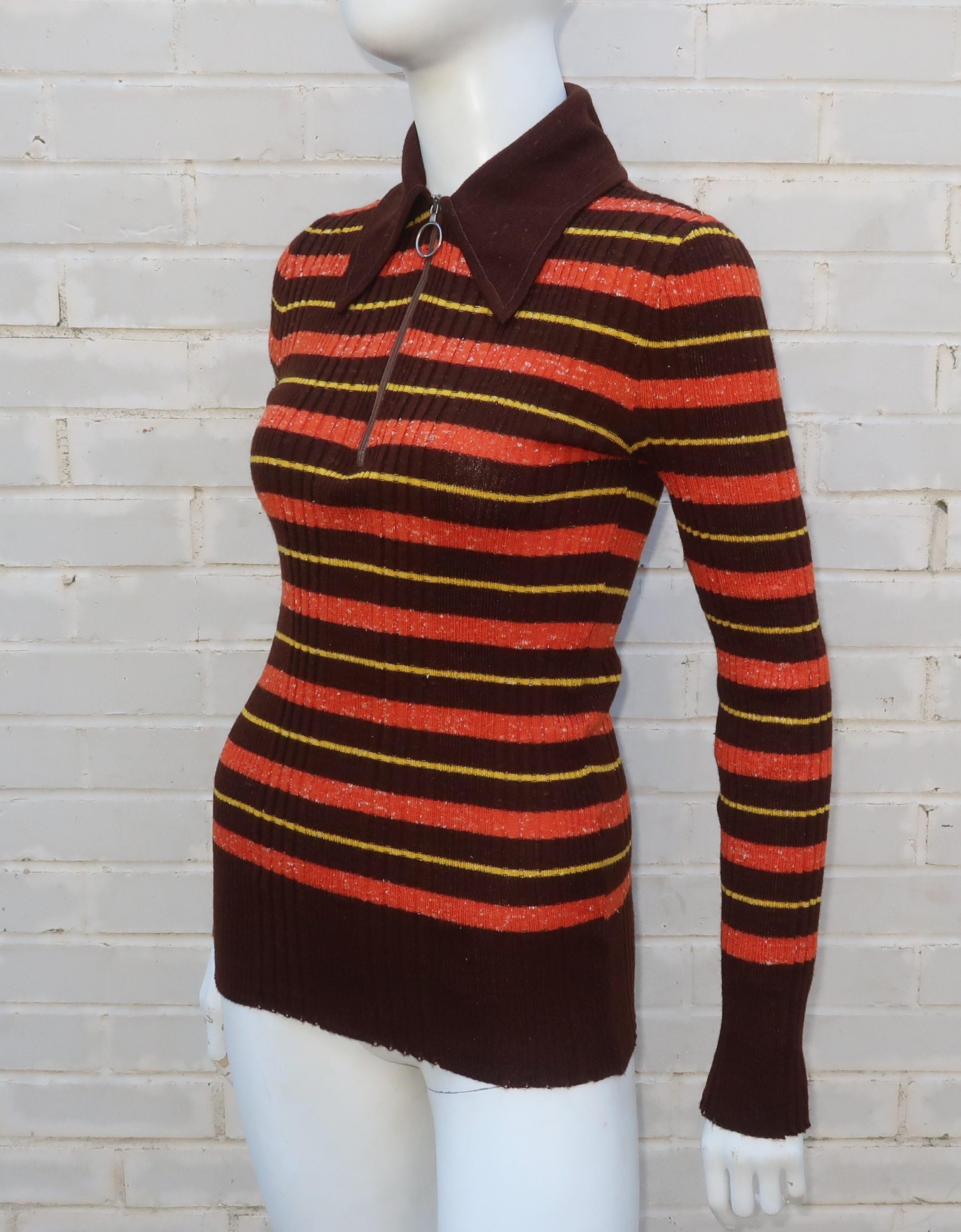1970's Italian Ribbed Knit Brown Striped Skinny Top In Good Condition In Atlanta, GA