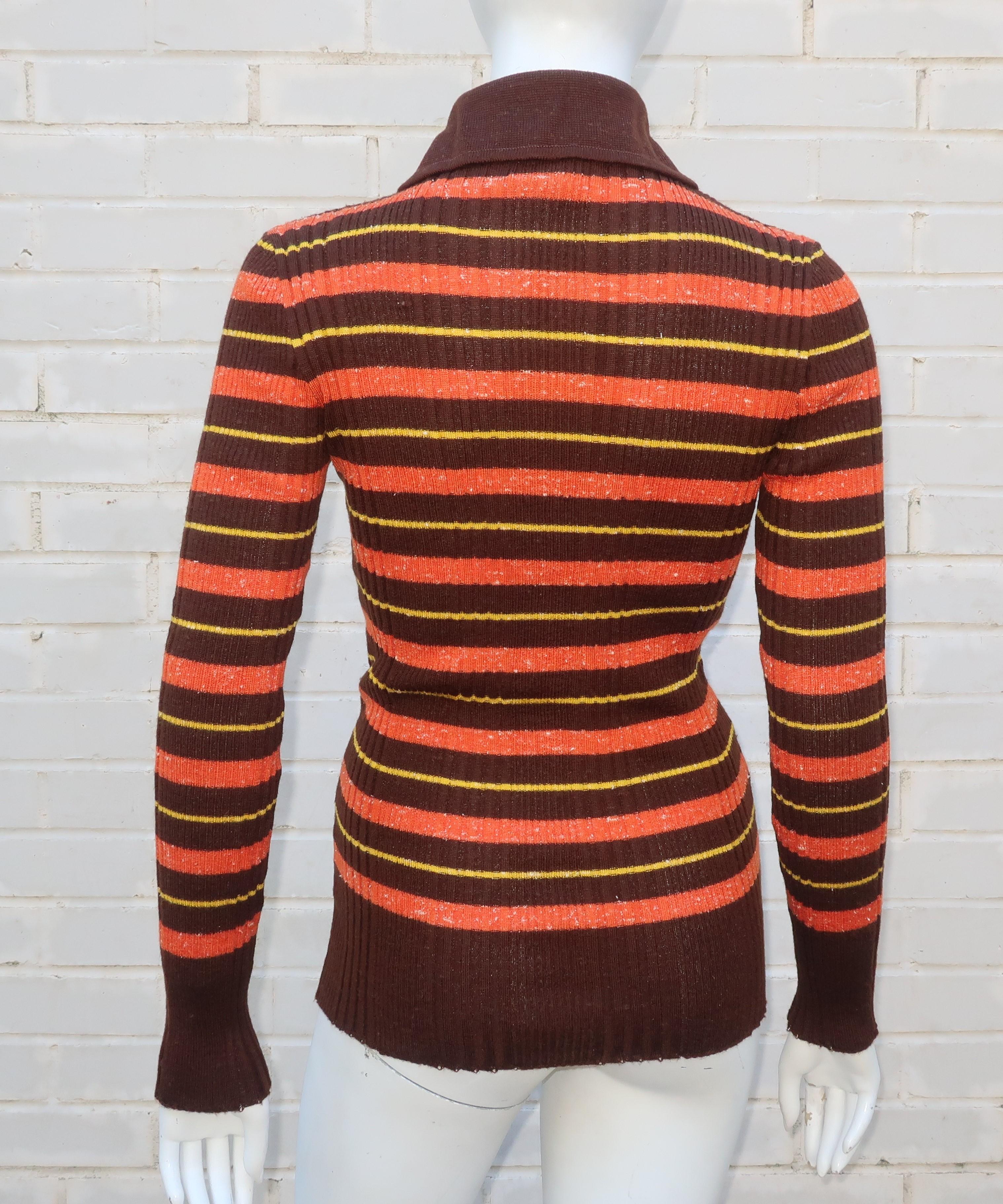 1970's Italian Ribbed Knit Brown Striped Skinny Top 5