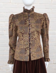 Tailleur jupe en velours marron Jean Louis Scherrer avec veste de style tapisserie, années 1970