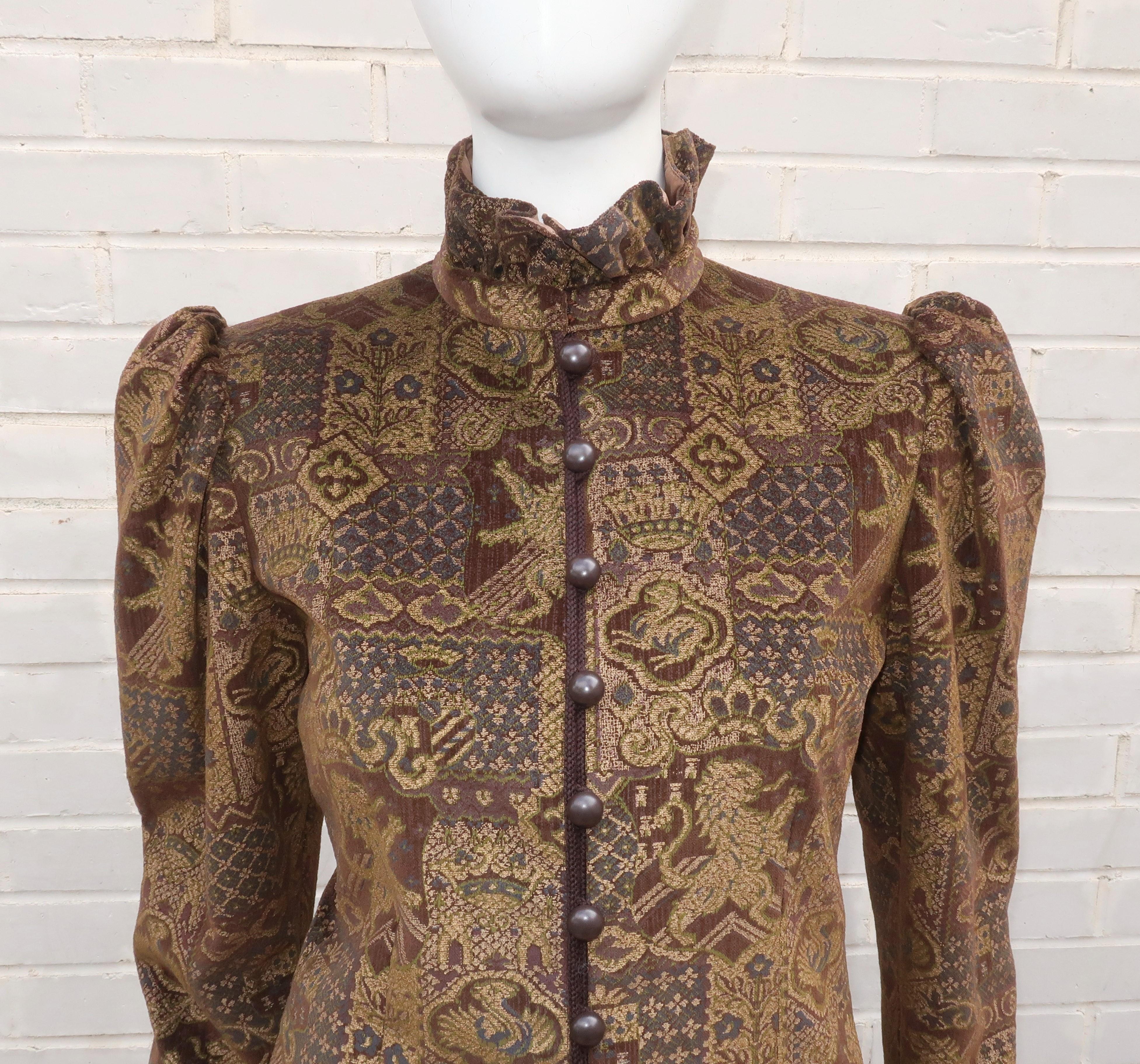 Black 1970's Jean Louis Scherrer Brown Velvet Skirt Suit With Tapestry Style Jacket