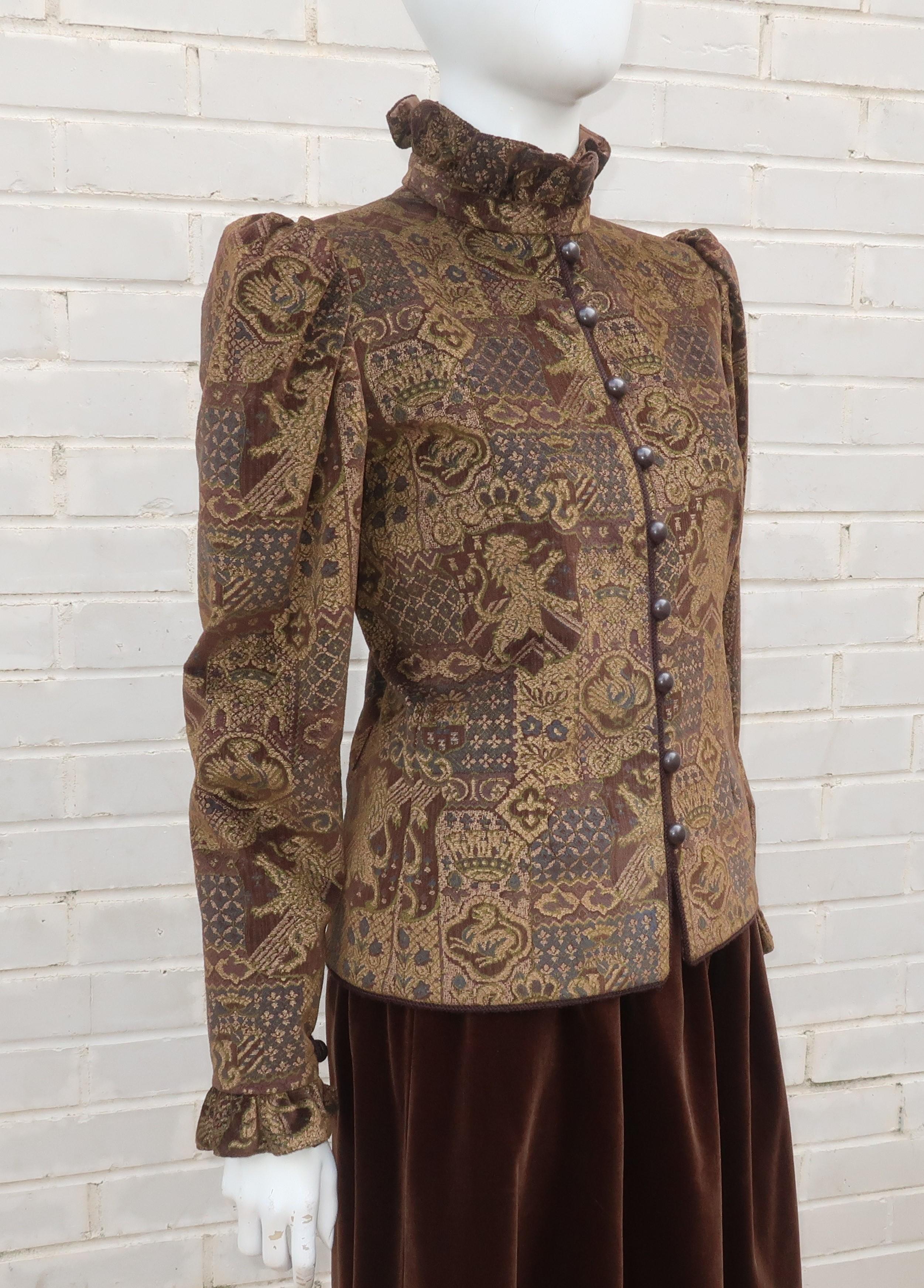1970's Jean Louis Scherrer Brown Velvet Skirt Suit With Tapestry Style Jacket In Good Condition In Atlanta, GA