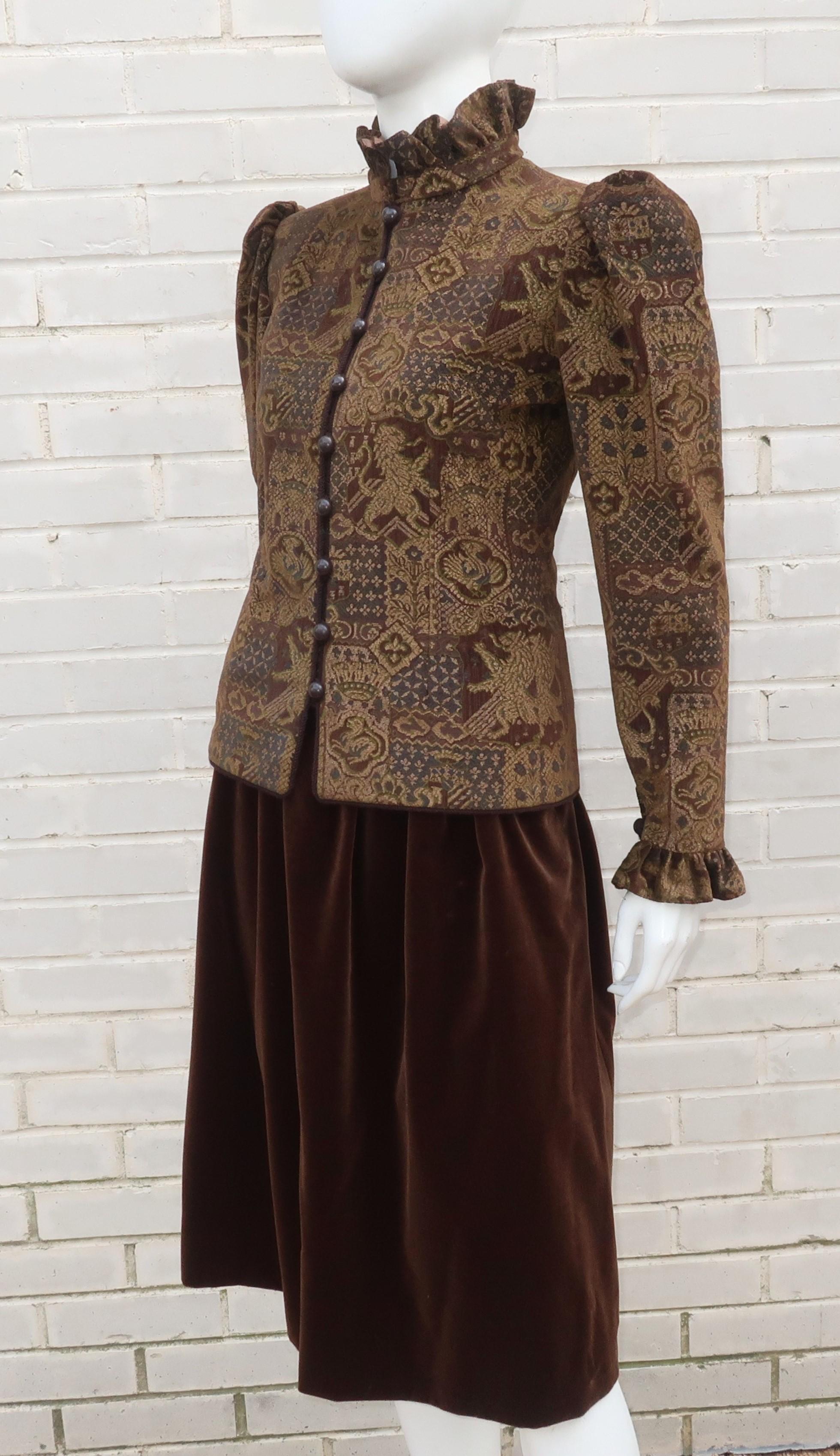 1970's Jean Louis Scherrer Brown Velvet Skirt Suit With Tapestry Style Jacket 1