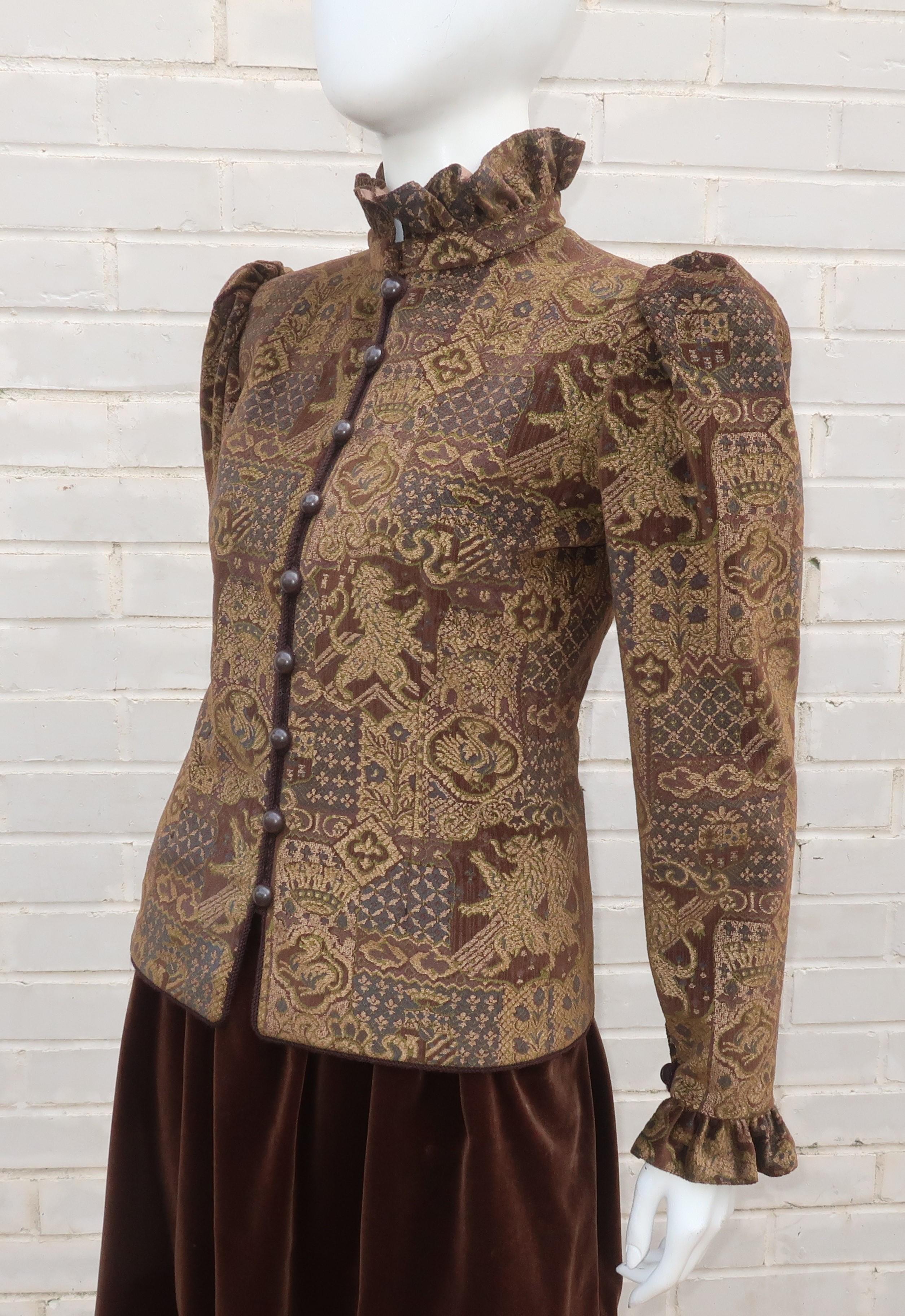 1970's Jean Louis Scherrer Brown Velvet Skirt Suit With Tapestry Style Jacket 2