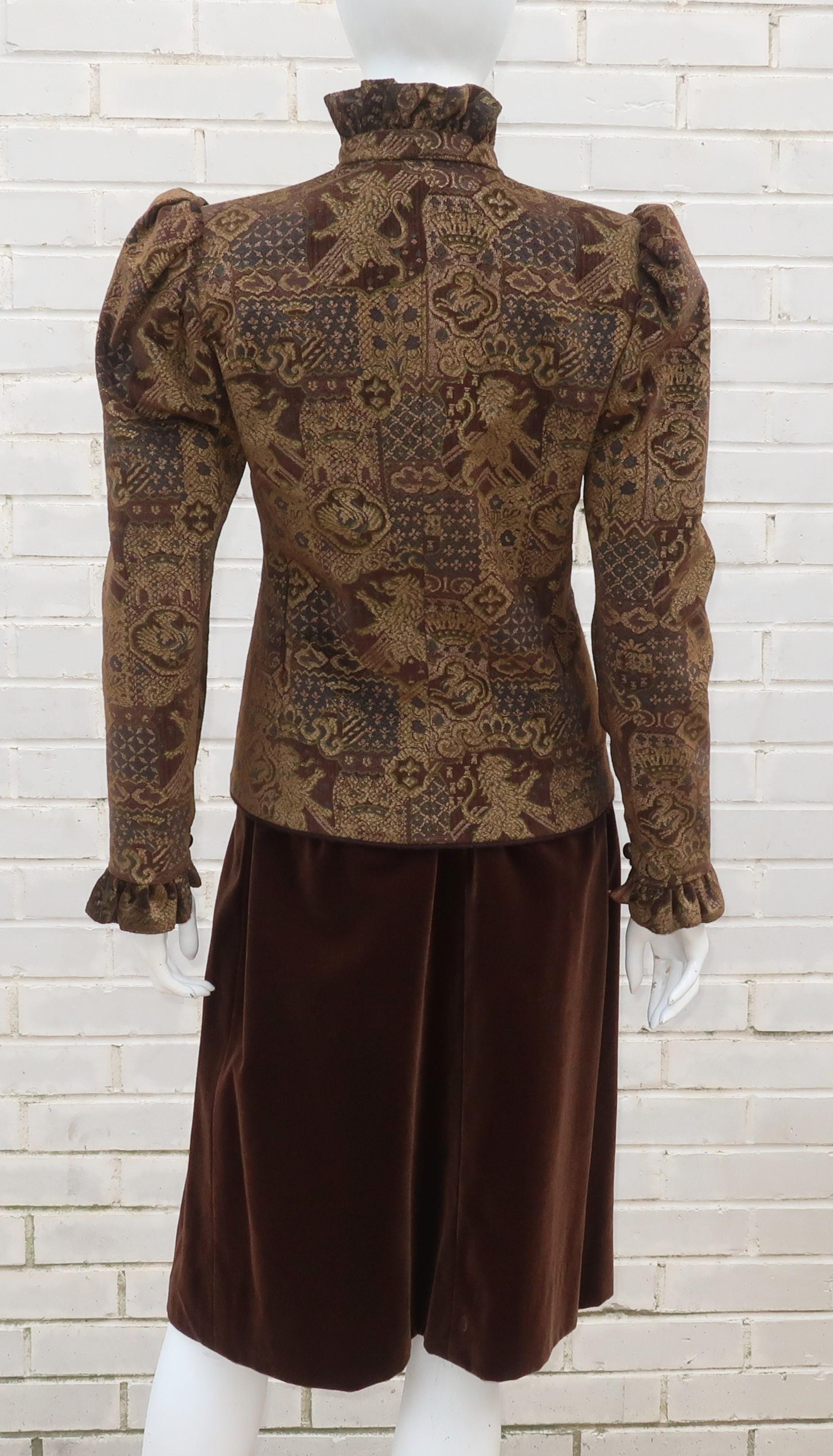 1970's Jean Louis Scherrer Brown Velvet Skirt Suit With Tapestry Style Jacket 3