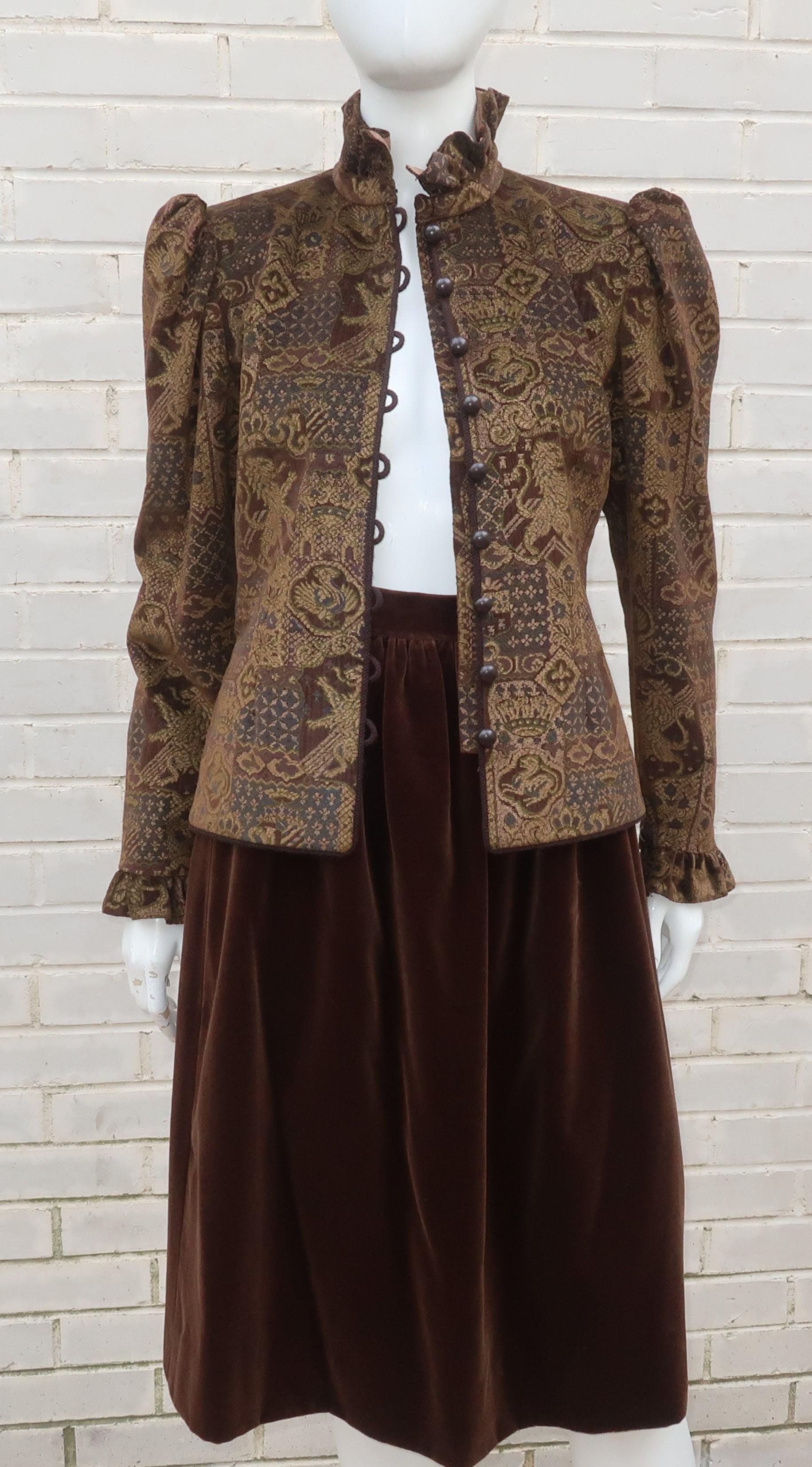 1970's Jean Louis Scherrer Brown Velvet Skirt Suit With Tapestry Style Jacket 4