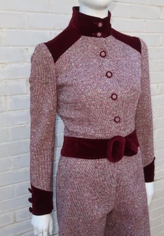 Mod C.1970 Young Victorian Ruby Red Velvet & Wool Tweed Jacket Pant Suit