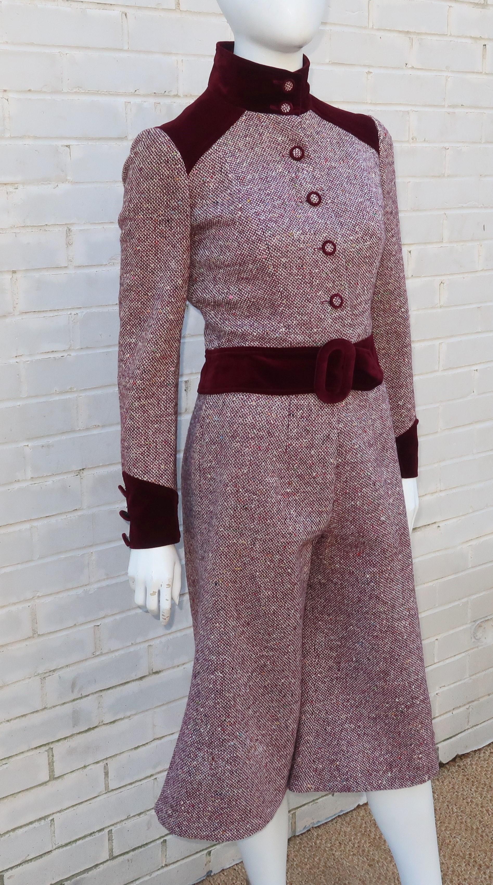 Gray Mod C.1970 Young Victorian Ruby Red Velvet & Wool Tweed Jacket Pant Suit