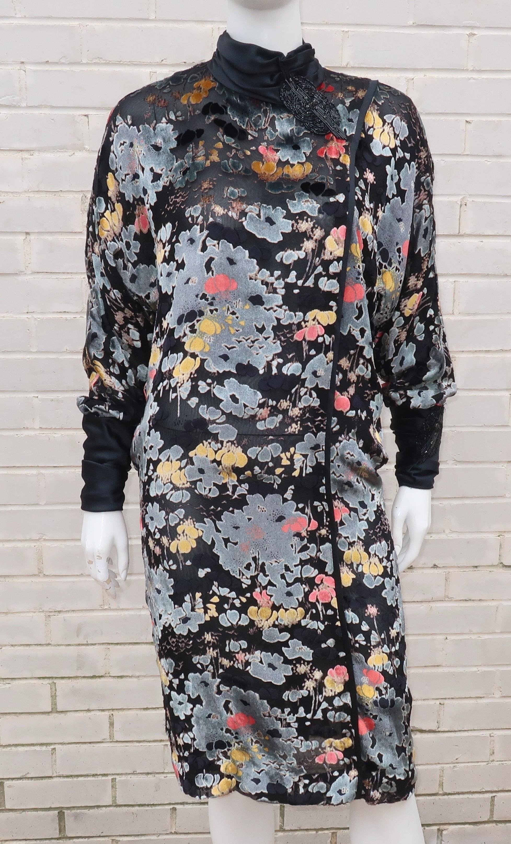 C.1980 Judy Hornby Couture Silk Cut Velvet Flapper Style Dress 1