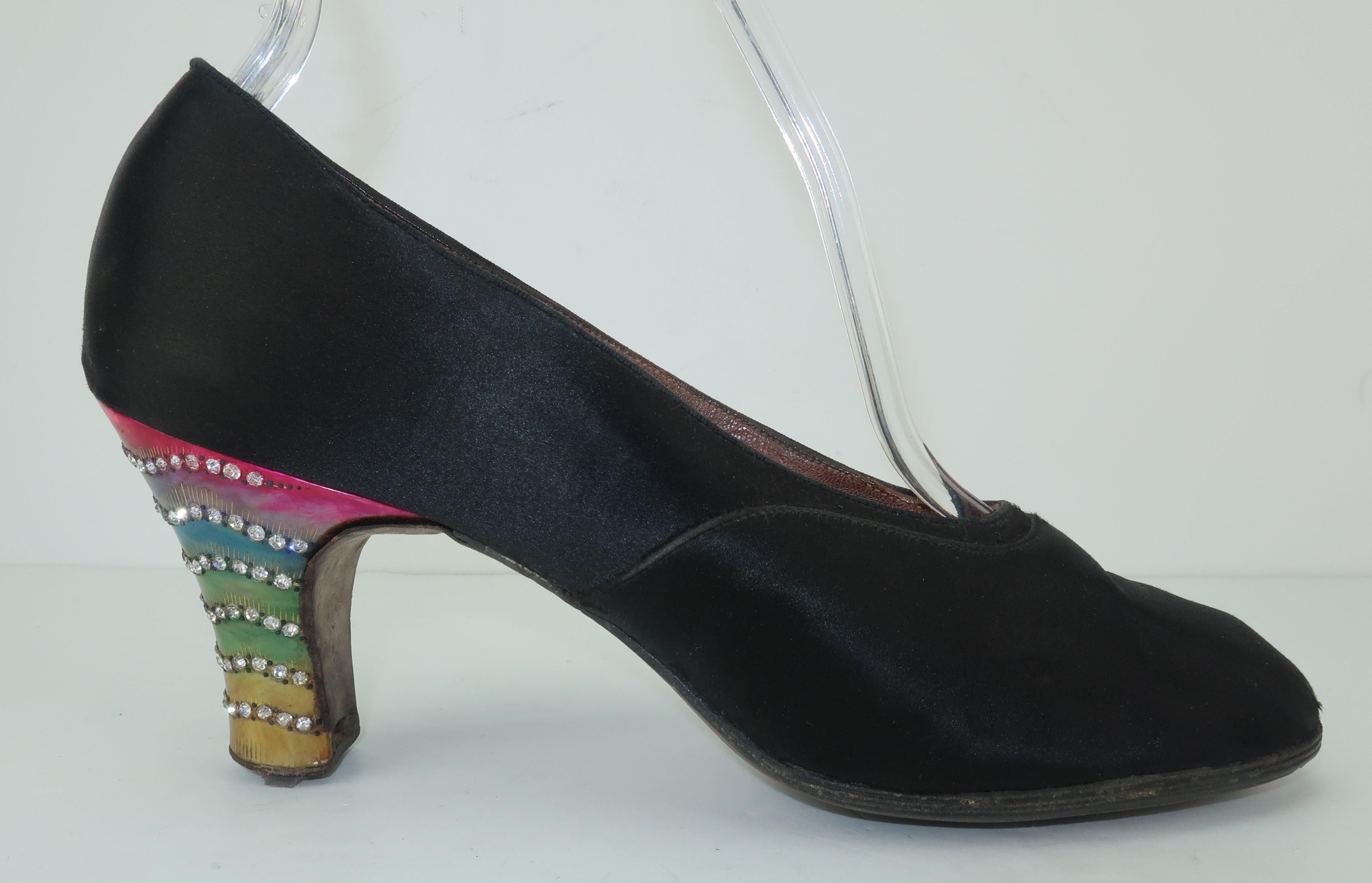 Black 1920's Art Deco Celluloid & Rhinestone Heels Flapper Evening Shoes
