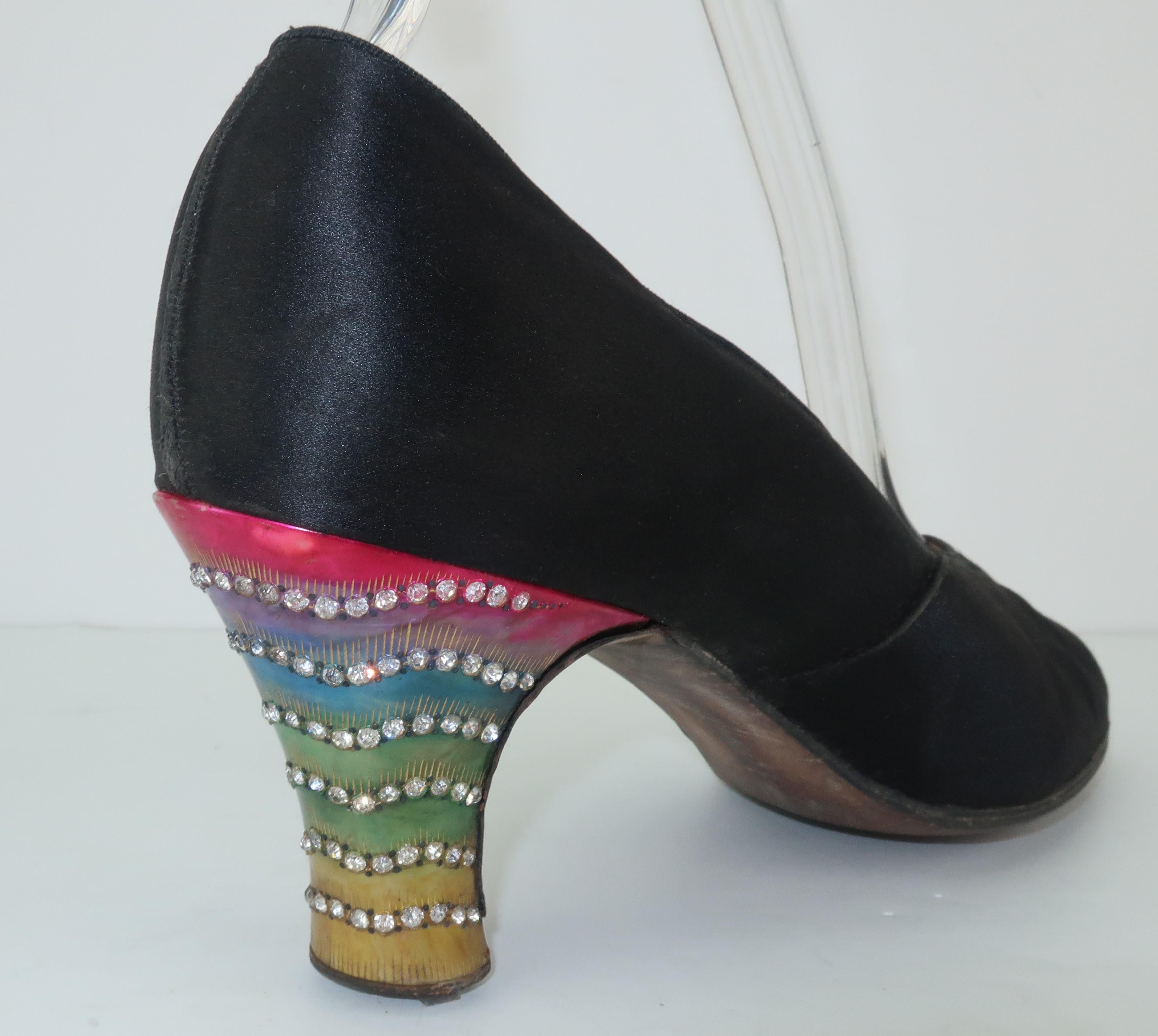 1920's Art Deco Celluloid & Rhinestone Heels Flapper Evening Shoes In Fair Condition In Atlanta, GA