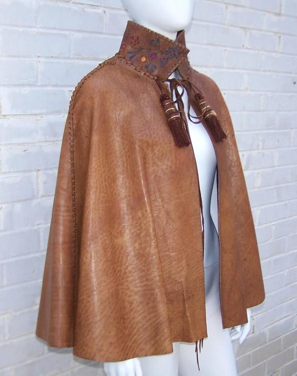 Early 1970s Fred Leighton for Char Leather Cape With Hand Painted Cut