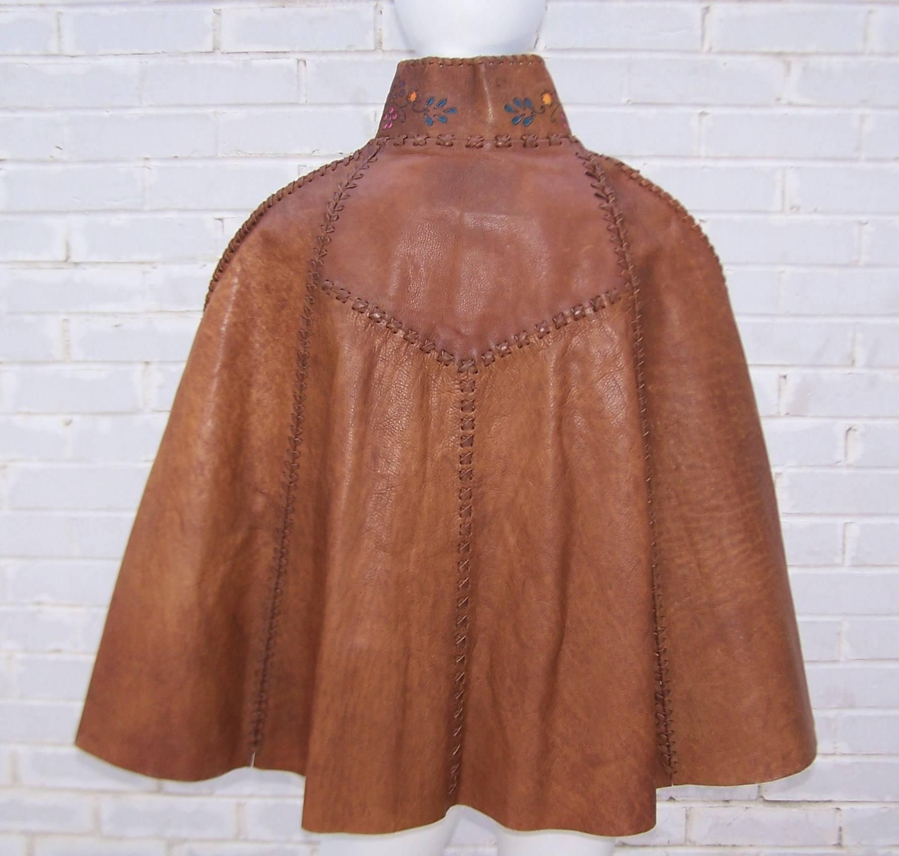 Early 1970s Fred Leighton for Char Leather Cape With Hand Painted Cut Out Collar In Good Condition In Atlanta, GA