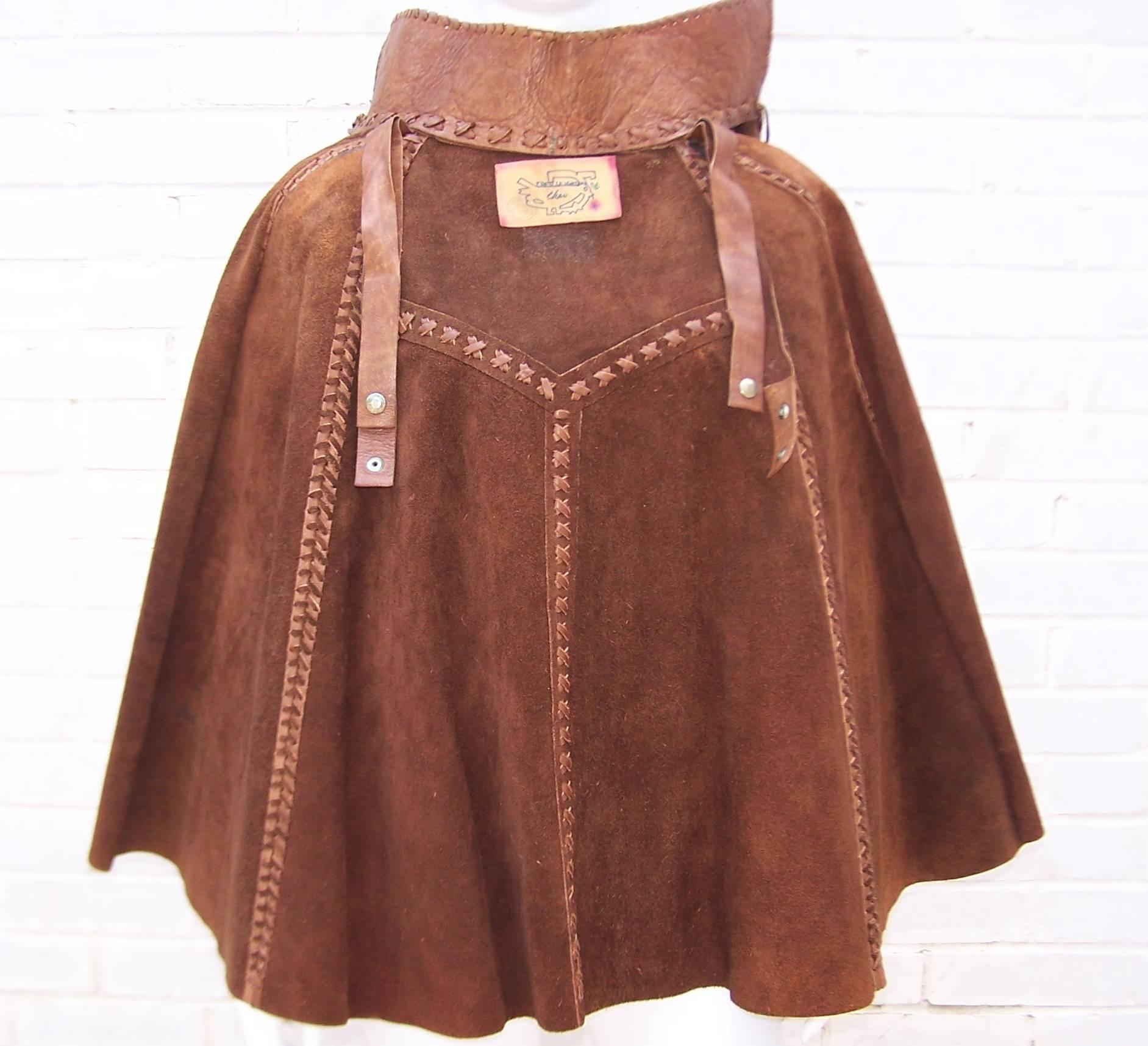 Women's Early 1970s Fred Leighton for Char Leather Cape With Hand Painted Cut Out Collar