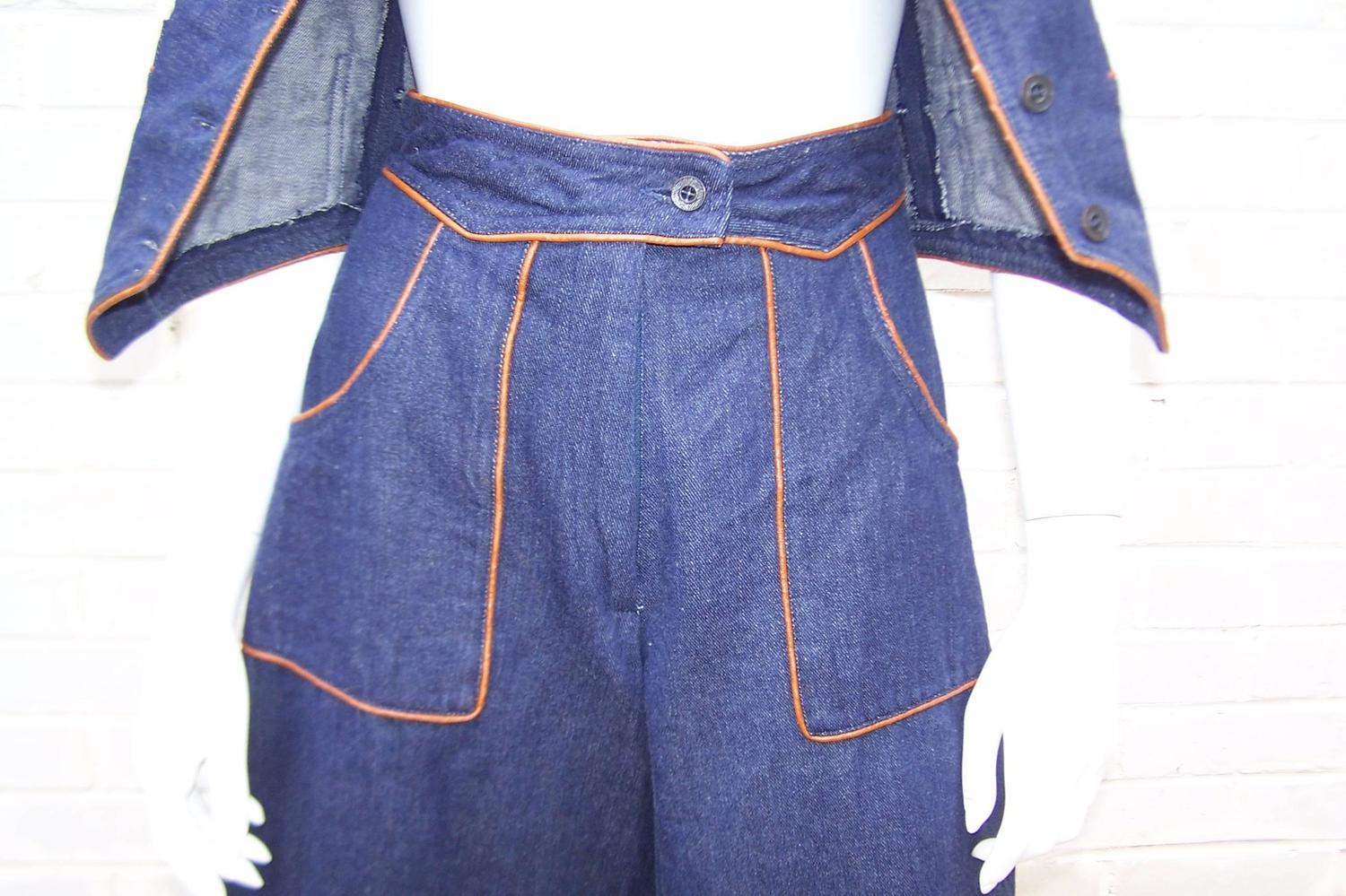 1970s Denim Gaucho Pants and Vest Suit For Sale at 1stdibs