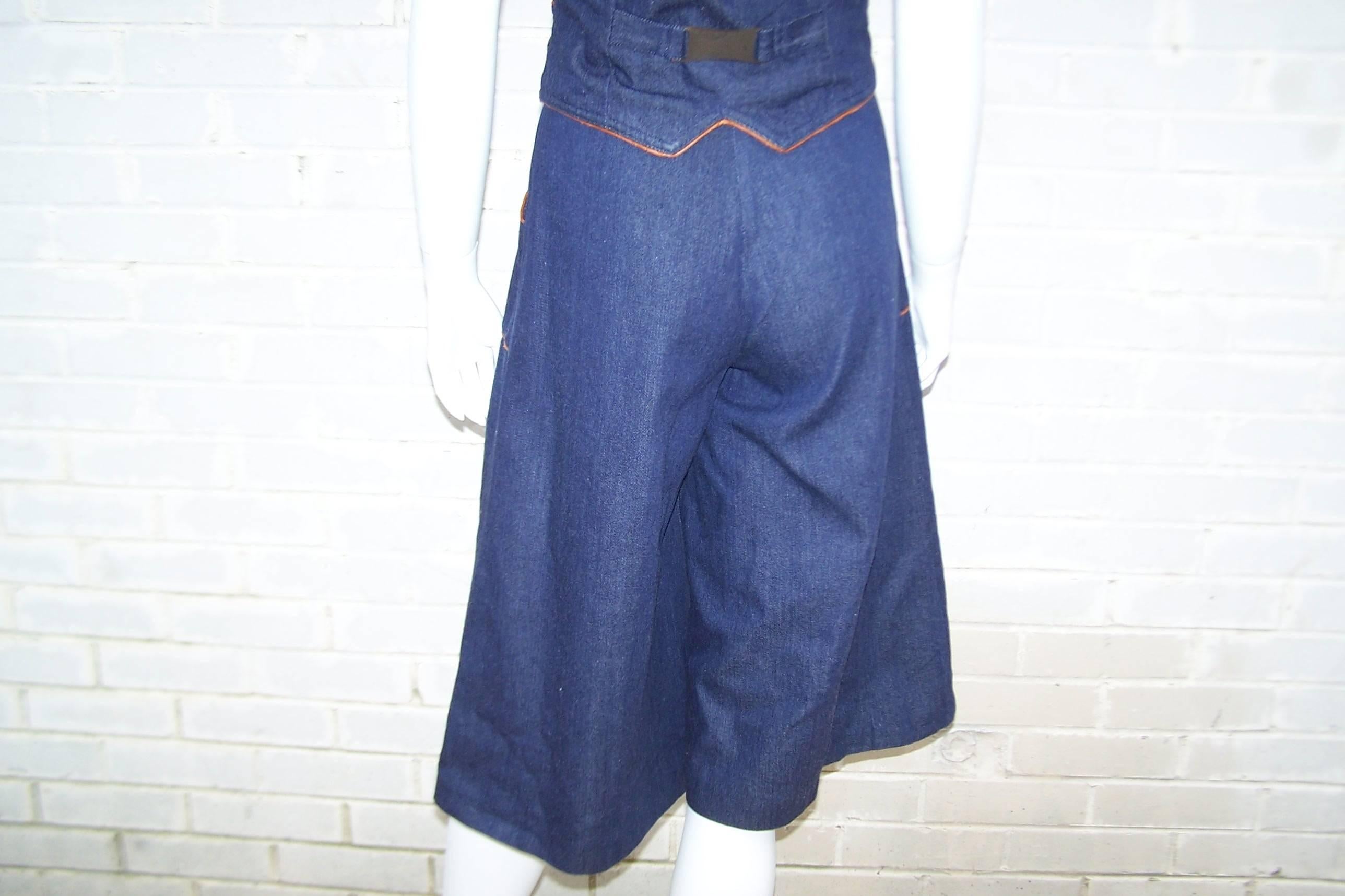 1970s Denim Gaucho Pants & Vest Suit In Excellent Condition In Atlanta, GA