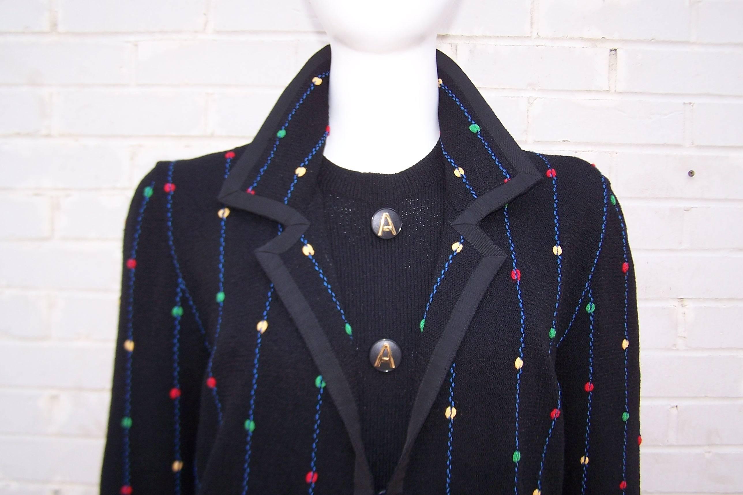 Women's c.1980 Whimsical Adolfo Logo Knit Cardigan Dress Suit