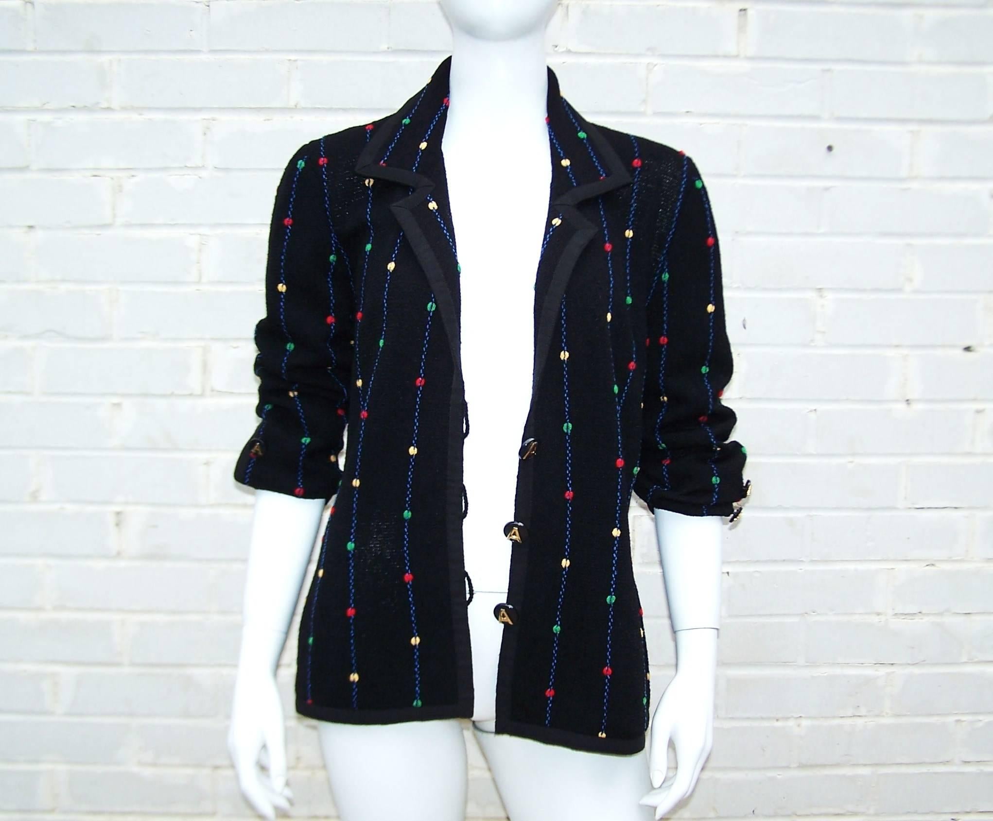 c.1980 Whimsical Adolfo Logo Knit Cardigan Dress Suit 4