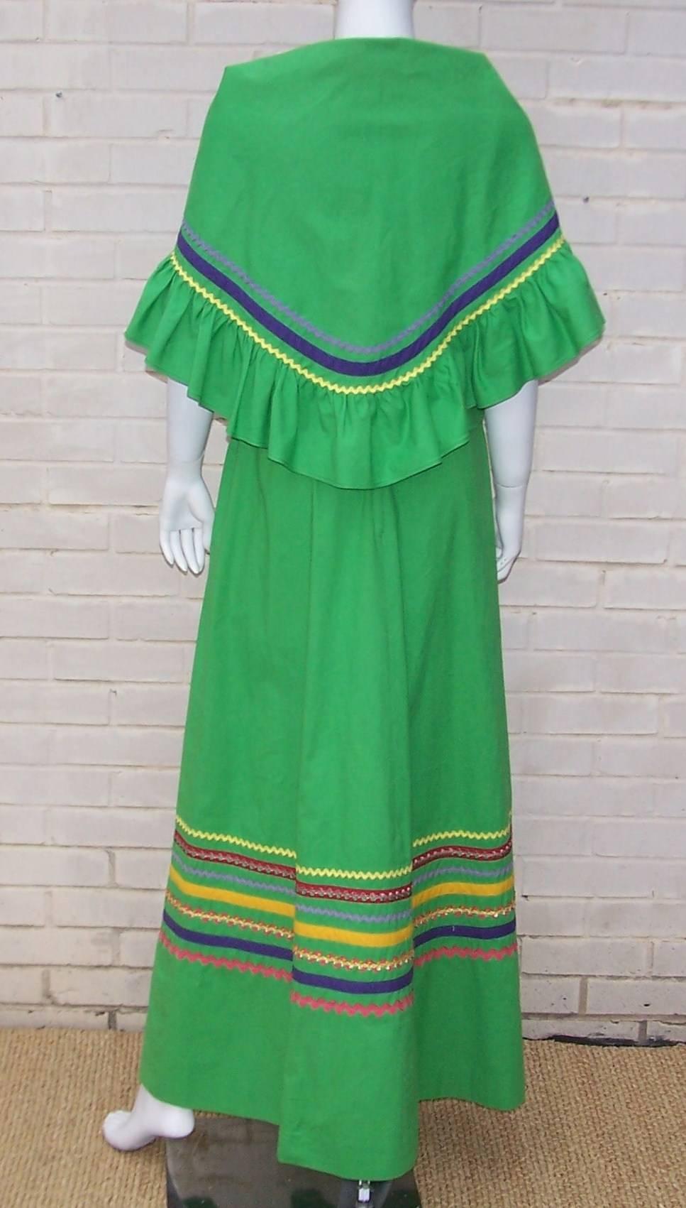 c.1970 Spring Green Maxi Sundress with Rick Rack Ribbon & Wrap 4