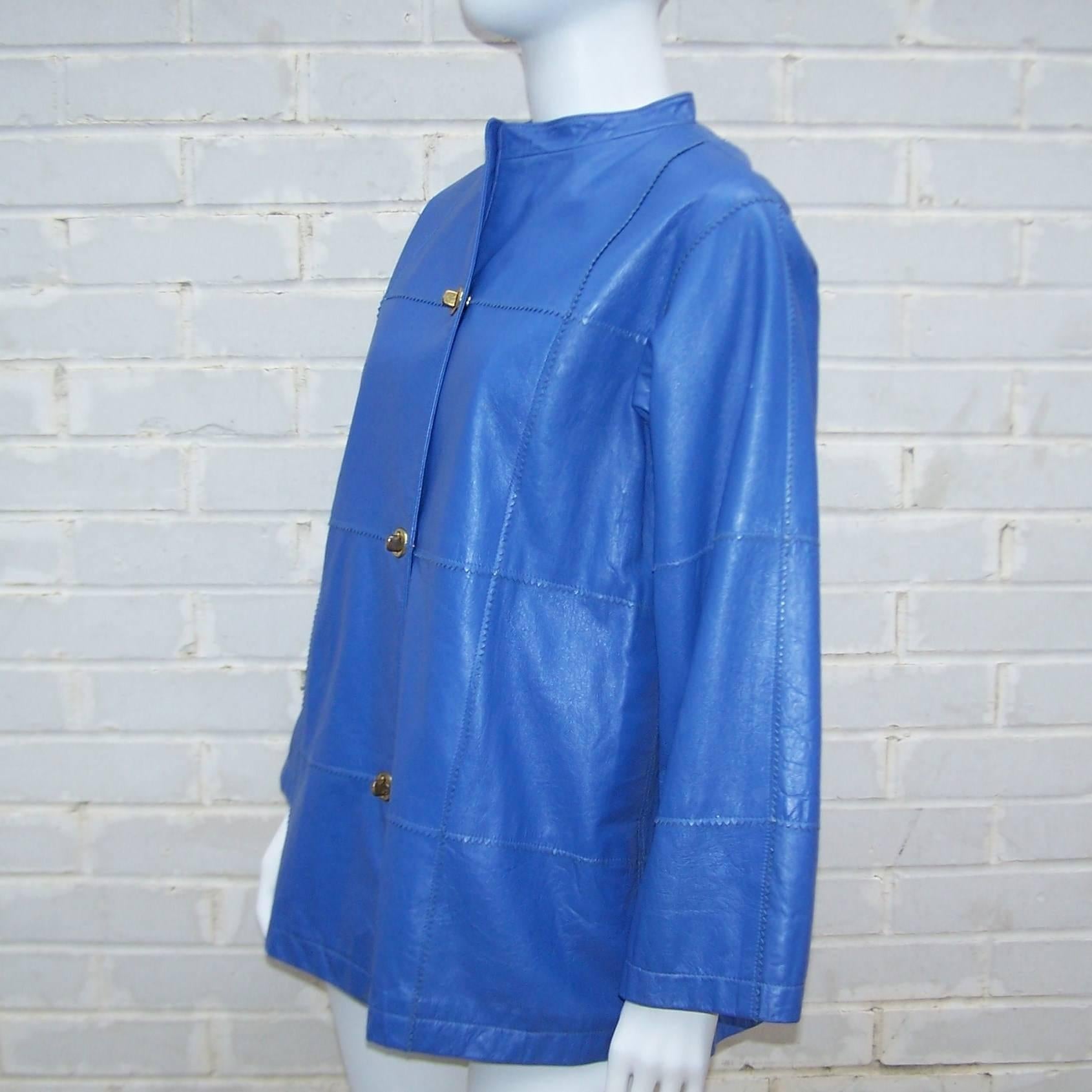 Blue c.1970 Bonnie Cashin Mandarin Style Leather Jacket