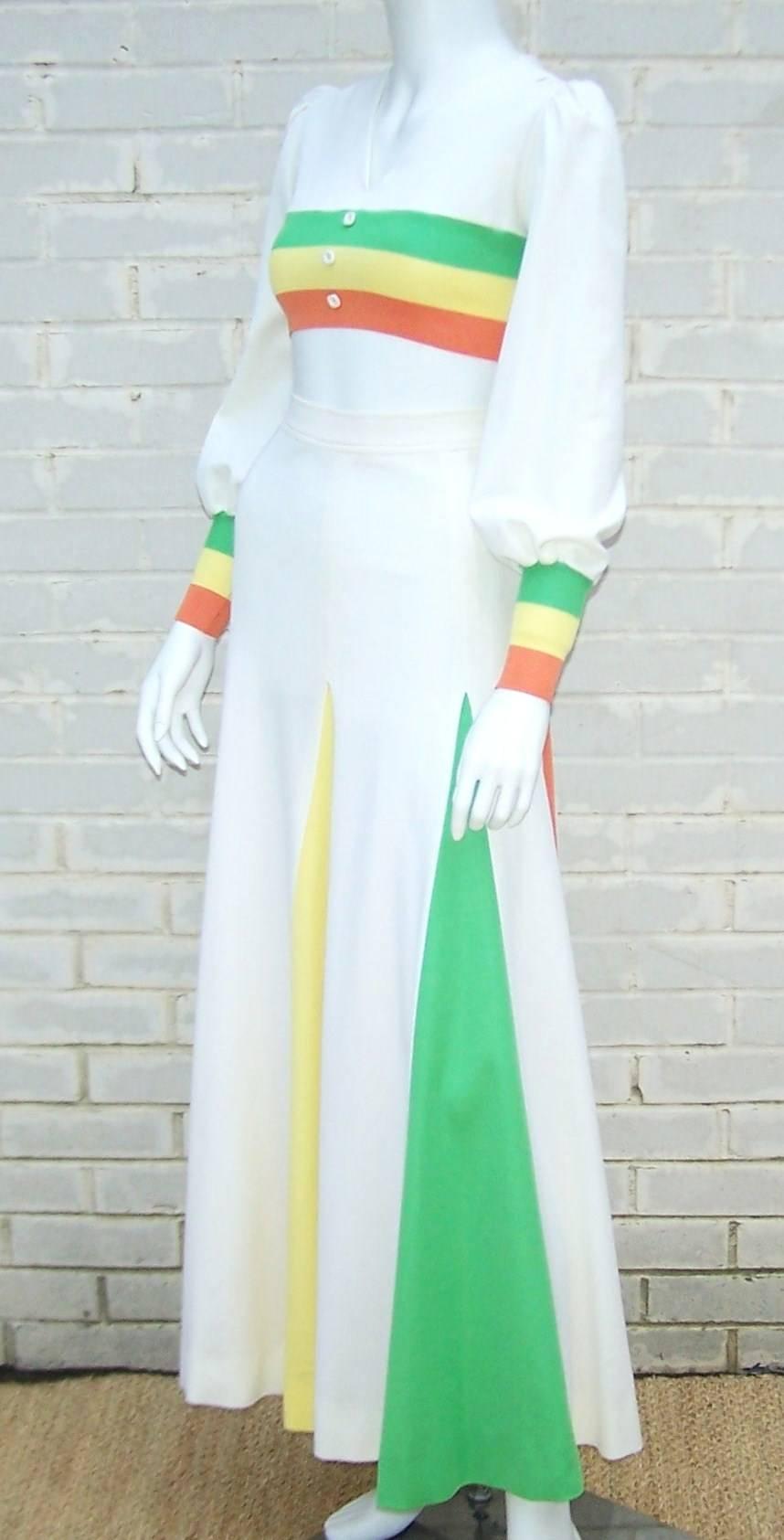 Gray Colorful 1970s 2-Piece Midriff Baring Maxi Skirt & Crop Top 