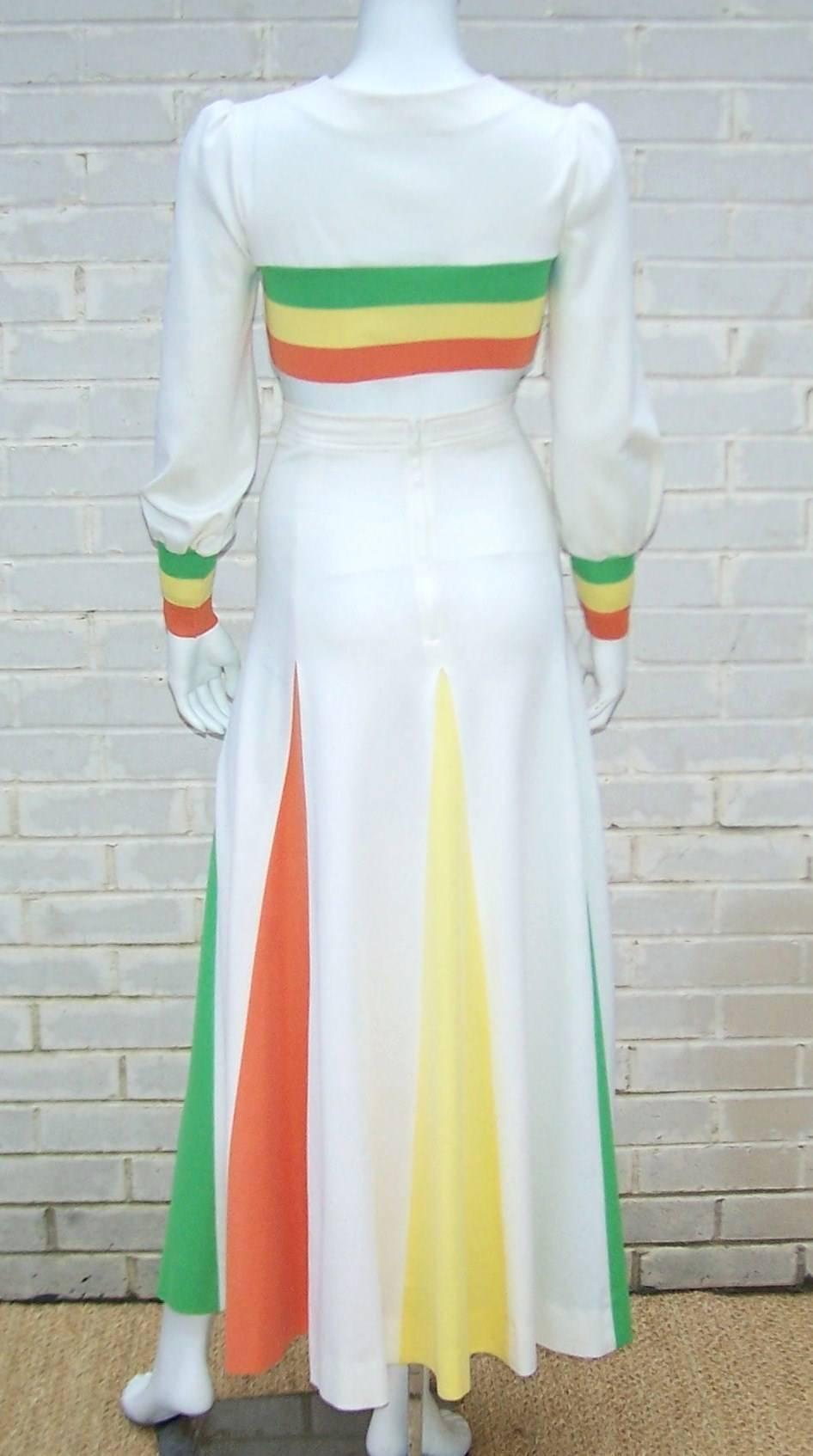 Colorful 1970s 2-Piece Midriff Baring Maxi Skirt & Crop Top  In Excellent Condition In Atlanta, GA