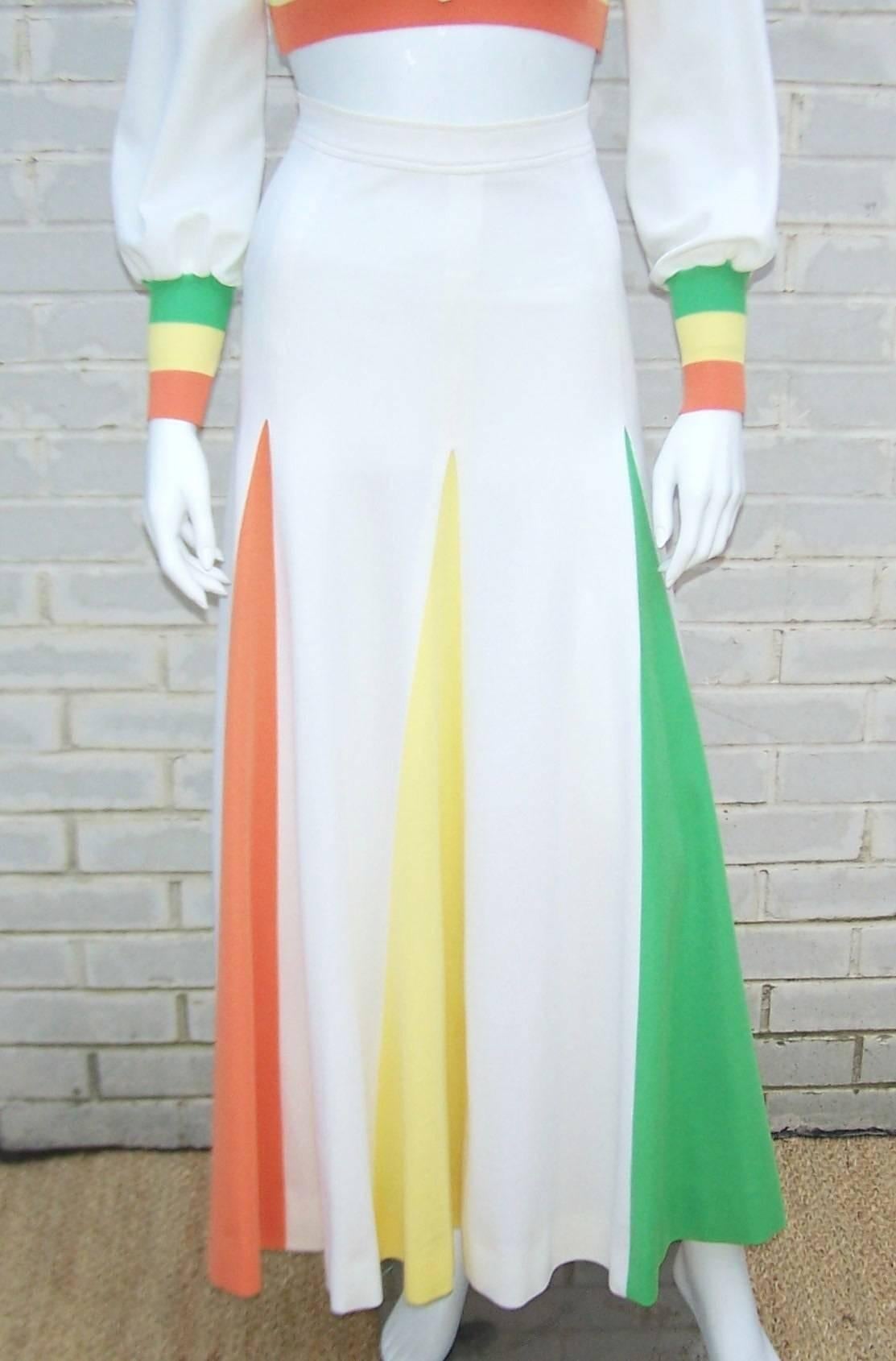 Colorful 1970s 2-Piece Midriff Baring Maxi Skirt & Crop Top  2