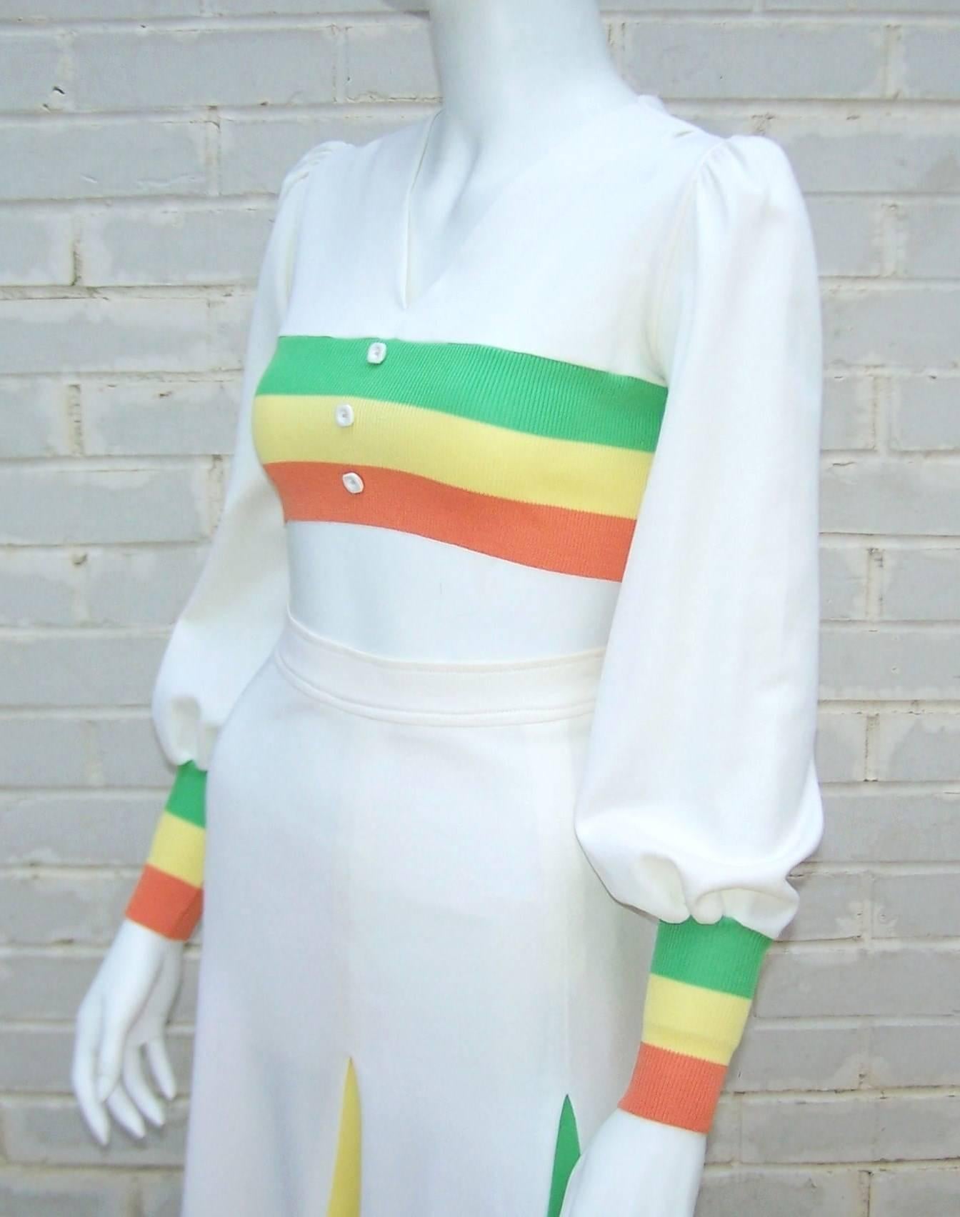 Colorful 1970s 2-Piece Midriff Baring Maxi Skirt & Crop Top  1