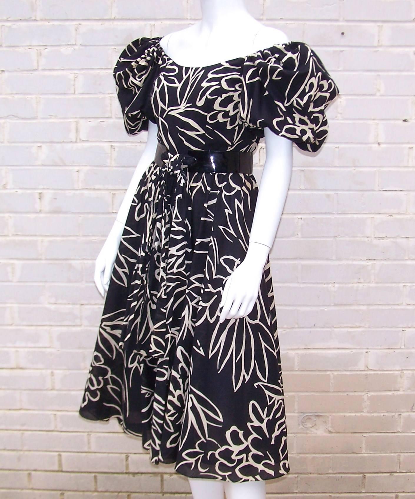 Black 1970s Mollie Parnis Off Shoulder Graphic Tropical Print Party Dress