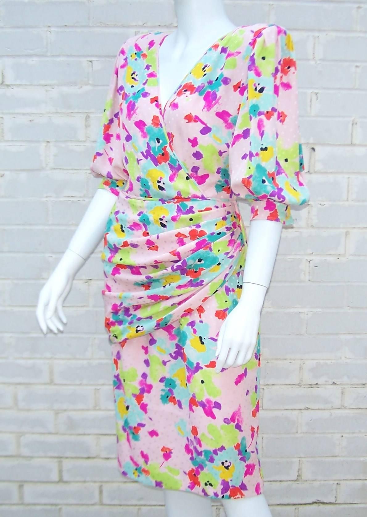 Gray 1980s Emanuel Ungaro Silk Sarong Style Floral Dress