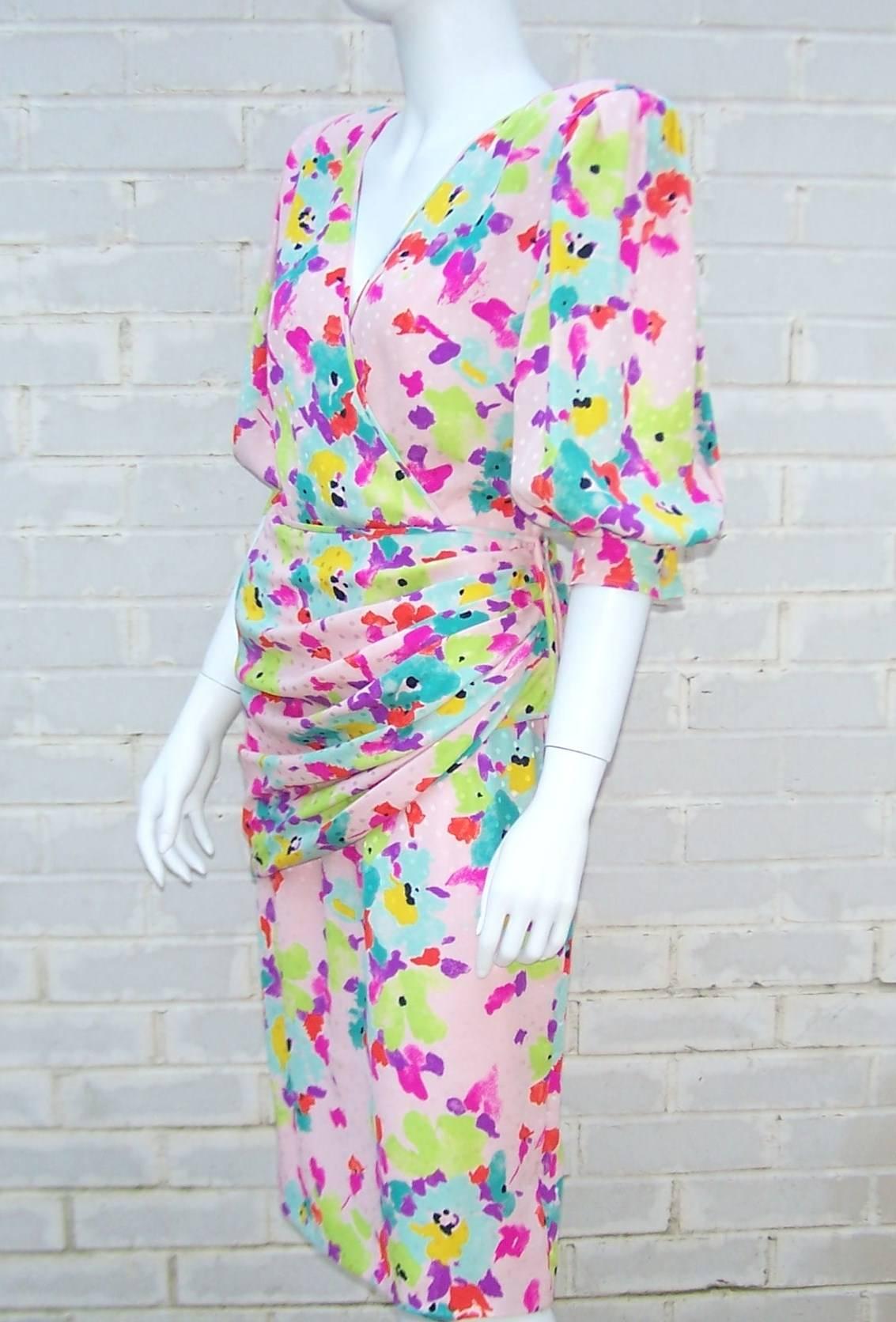 1980s Emanuel Ungaro Silk Sarong Style Floral Dress In Excellent Condition In Atlanta, GA