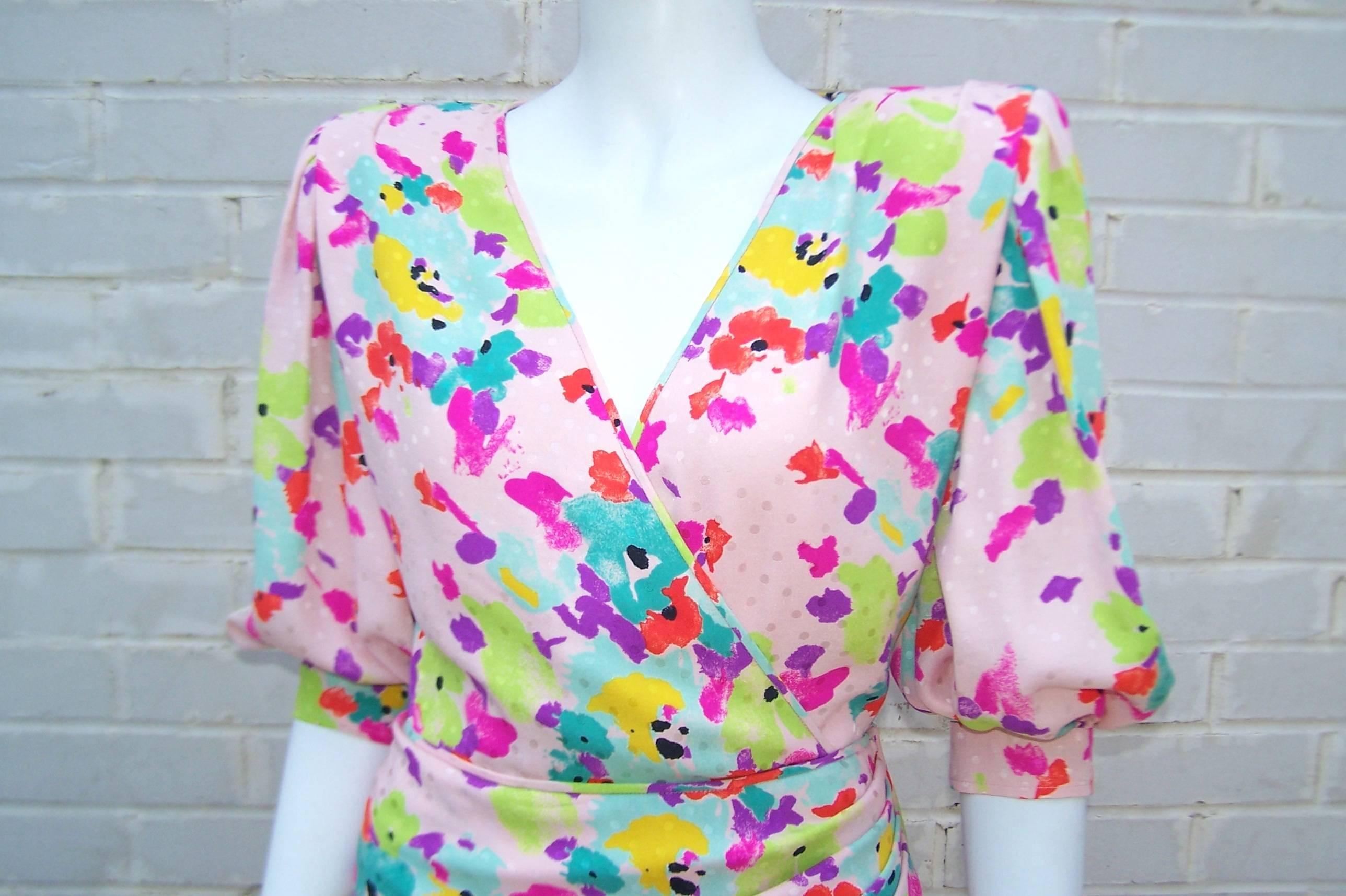 1980s Emanuel Ungaro Silk Sarong Style Floral Dress 1