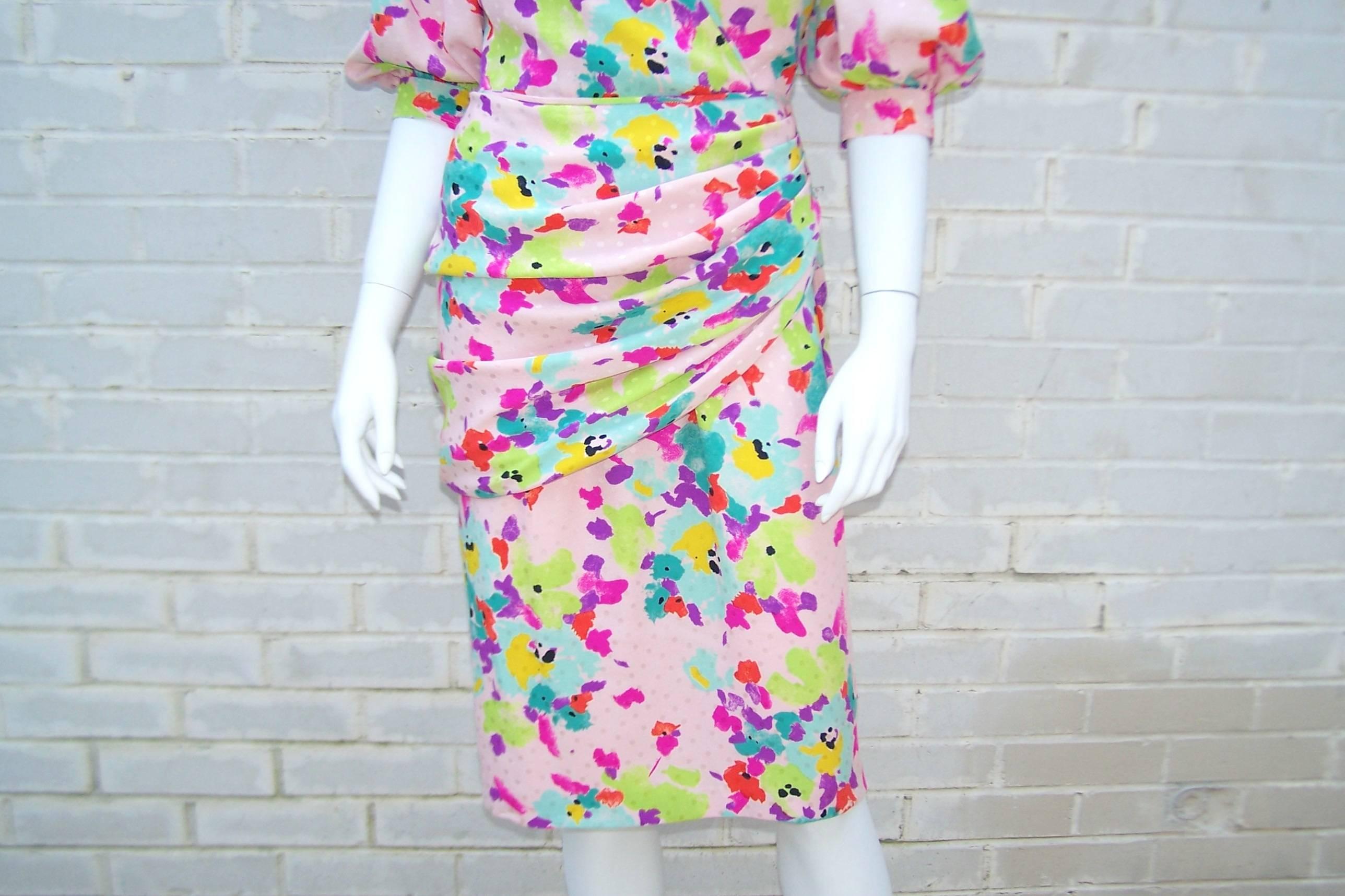 1980s Emanuel Ungaro Silk Sarong Style Floral Dress 2