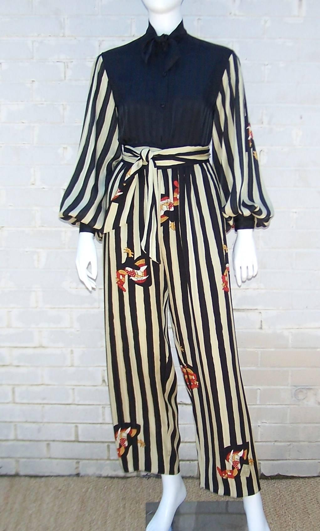 Women's 1980s Michaele Vollbracht 3-Piece Op Art Rooster Pant, Skirt & Blouse Ensemble