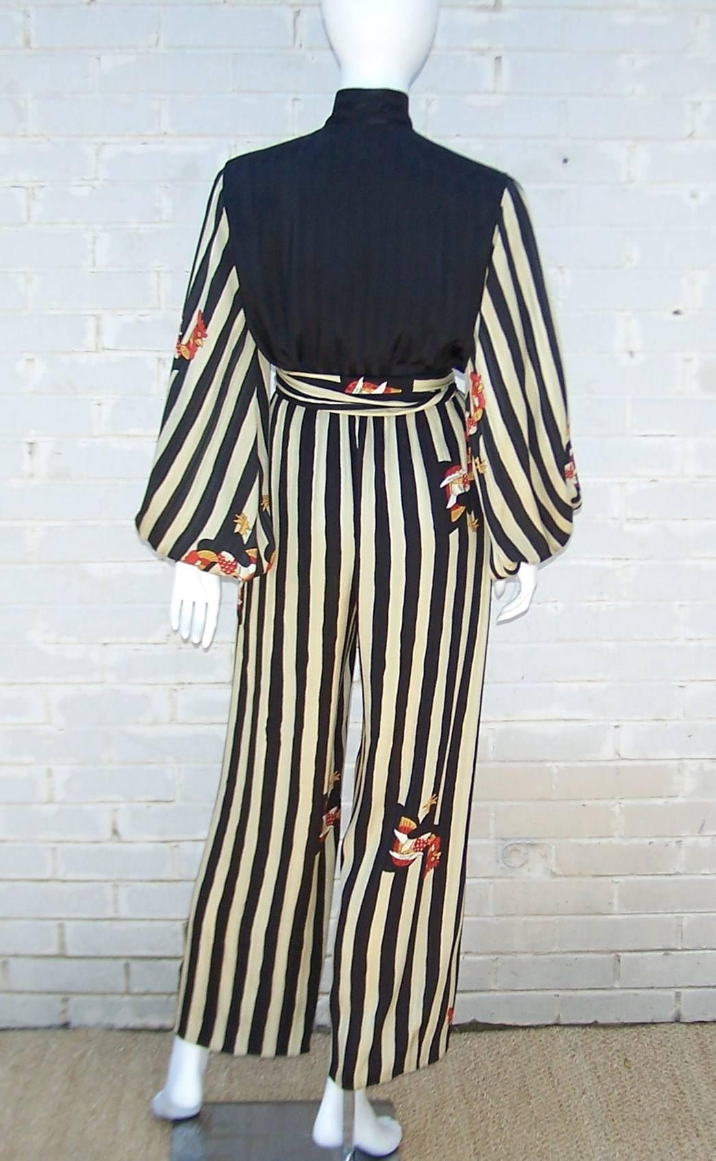 1980s Michaele Vollbracht 3-Piece Op Art Rooster Pant, Skirt & Blouse Ensemble 1