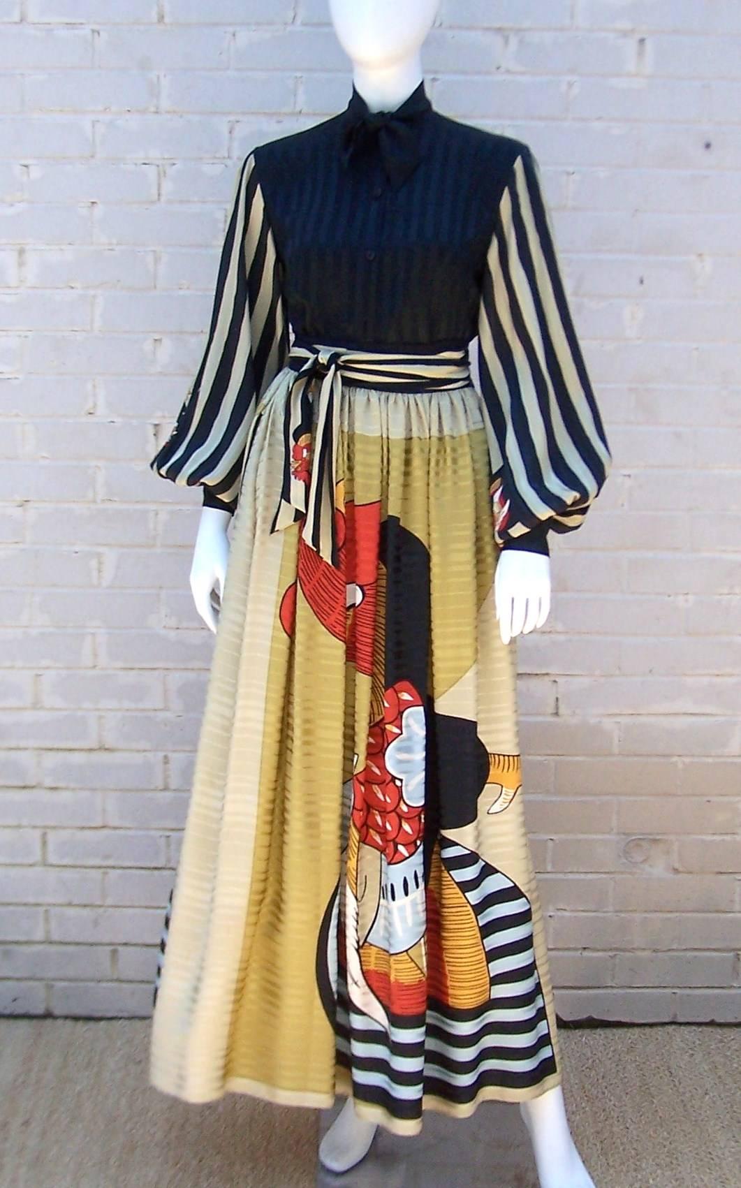 Now this is something to crow about!  All corniness aside, this 3-piece silk ensemble with sash by Michaele Vollbracht for his 'Vollbracht Too' label is a real find.  Mr. Vollbracht's skill as an artist is epitomized by the graphic roosters depicted