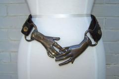 c.1970 Surrealist Antiqued Brass Clasping Hands Belt