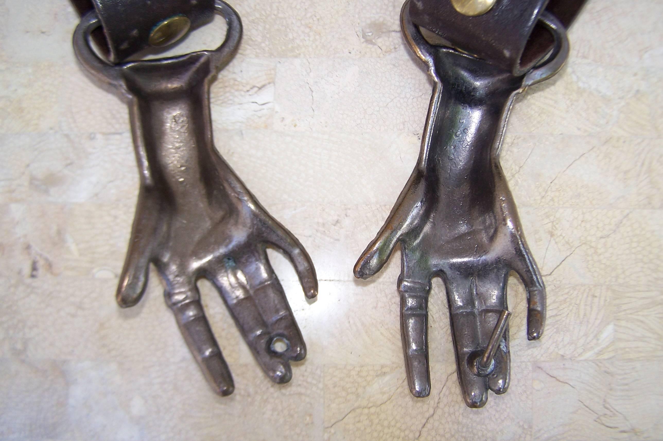 Black c.1970 Surrealist Antiqued Brass Clasping Hands Belt 