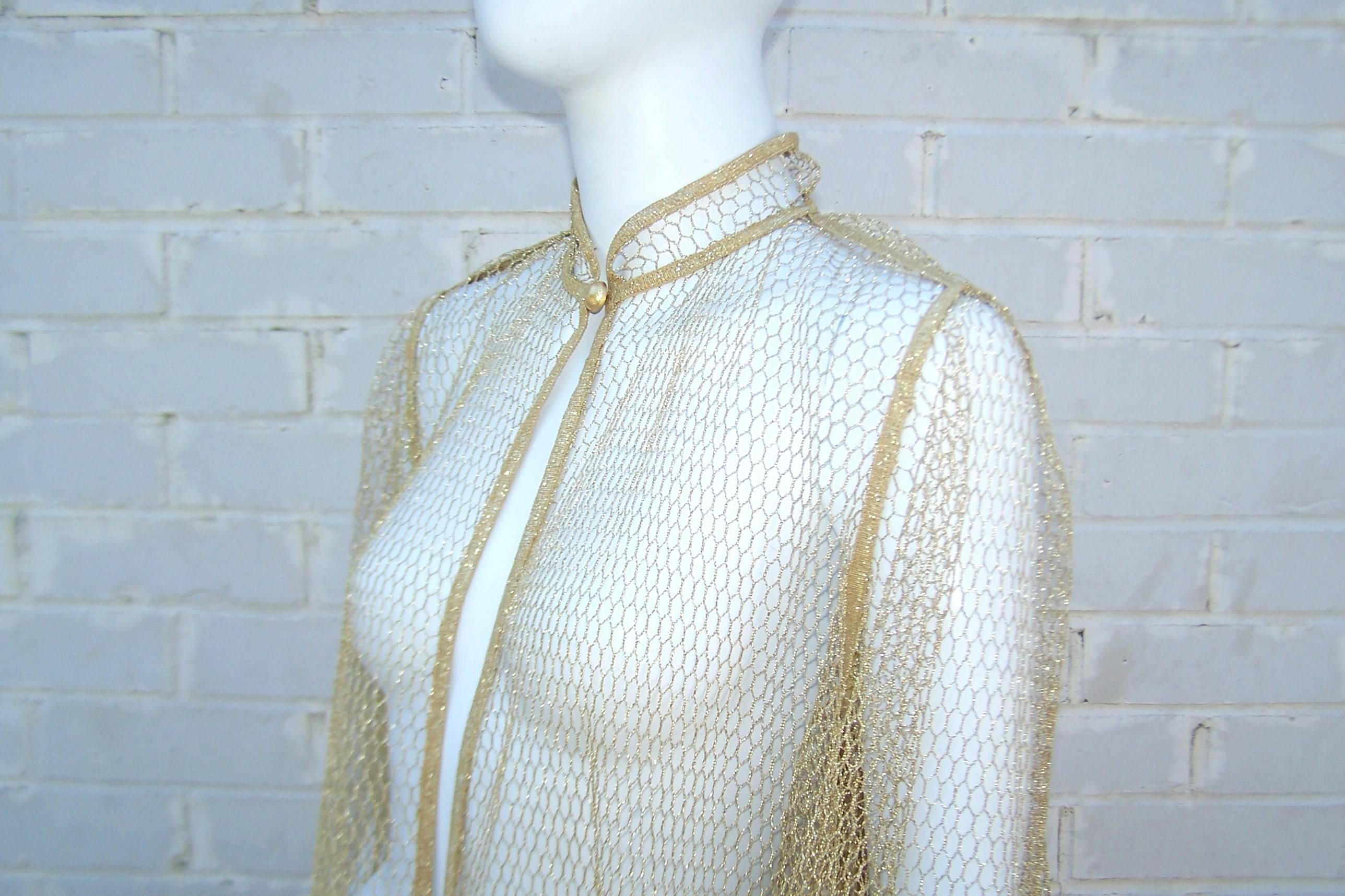 Gray c.1970 Gottex Gold Fishnet Swimsuit Cover-Up