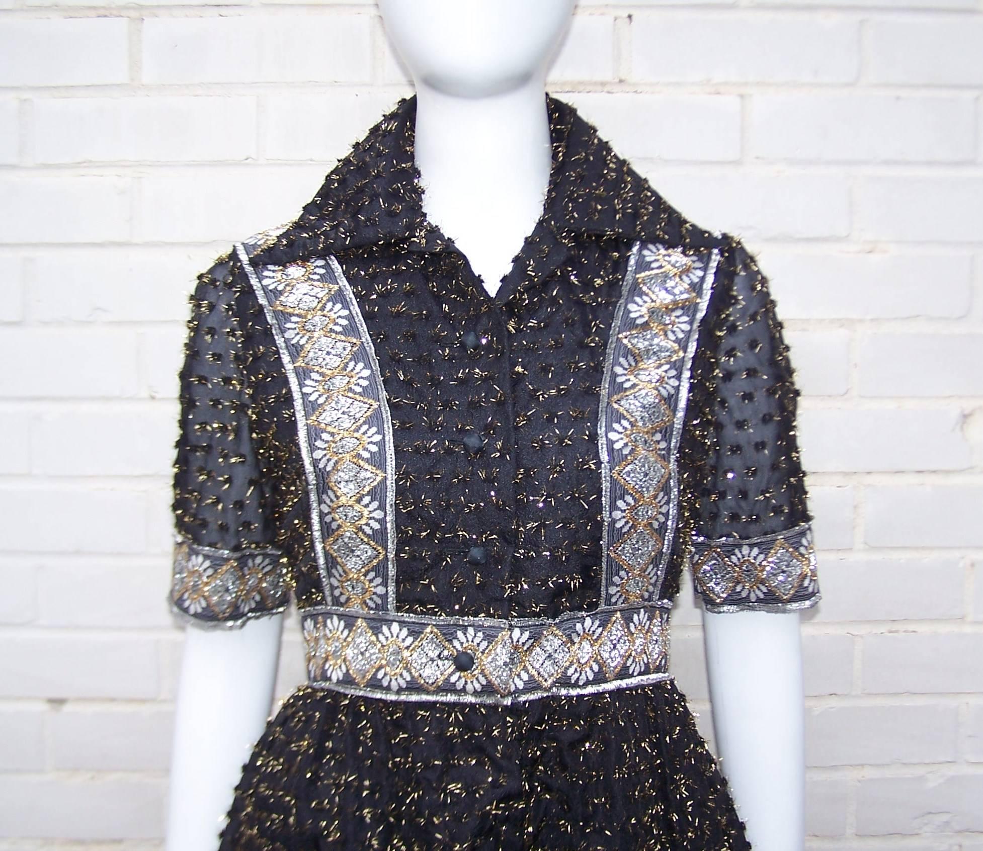 1960s Oscar de la Renta Black Shirt Dress with Metallic 'Caterpillar' Pom Poms In Excellent Condition In Atlanta, GA