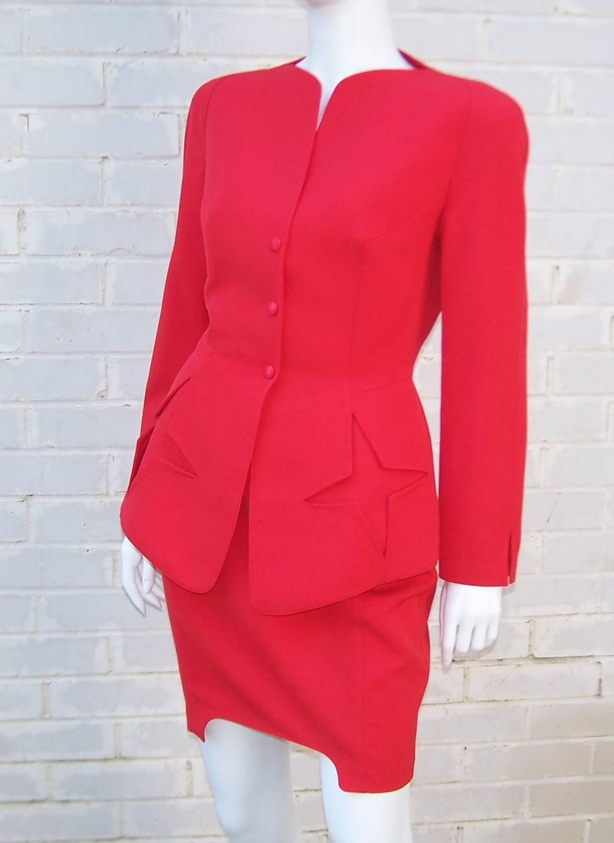 c.1990 Thierry Mugler Fiery Red Suit With Star Pockets & Stylized Skirt In Excellent Condition In Atlanta, GA