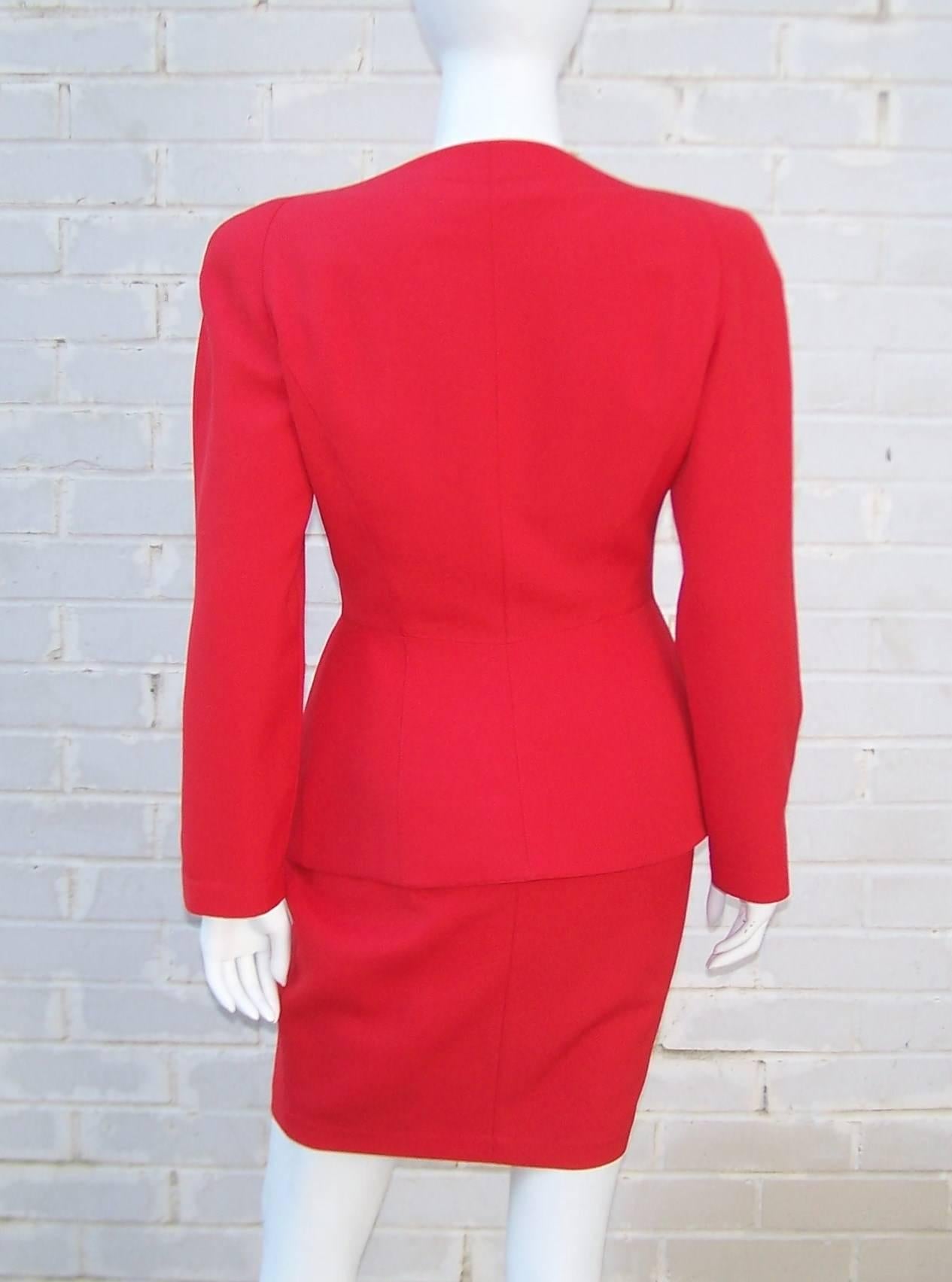 Women's c.1990 Thierry Mugler Fiery Red Suit With Star Pockets & Stylized Skirt