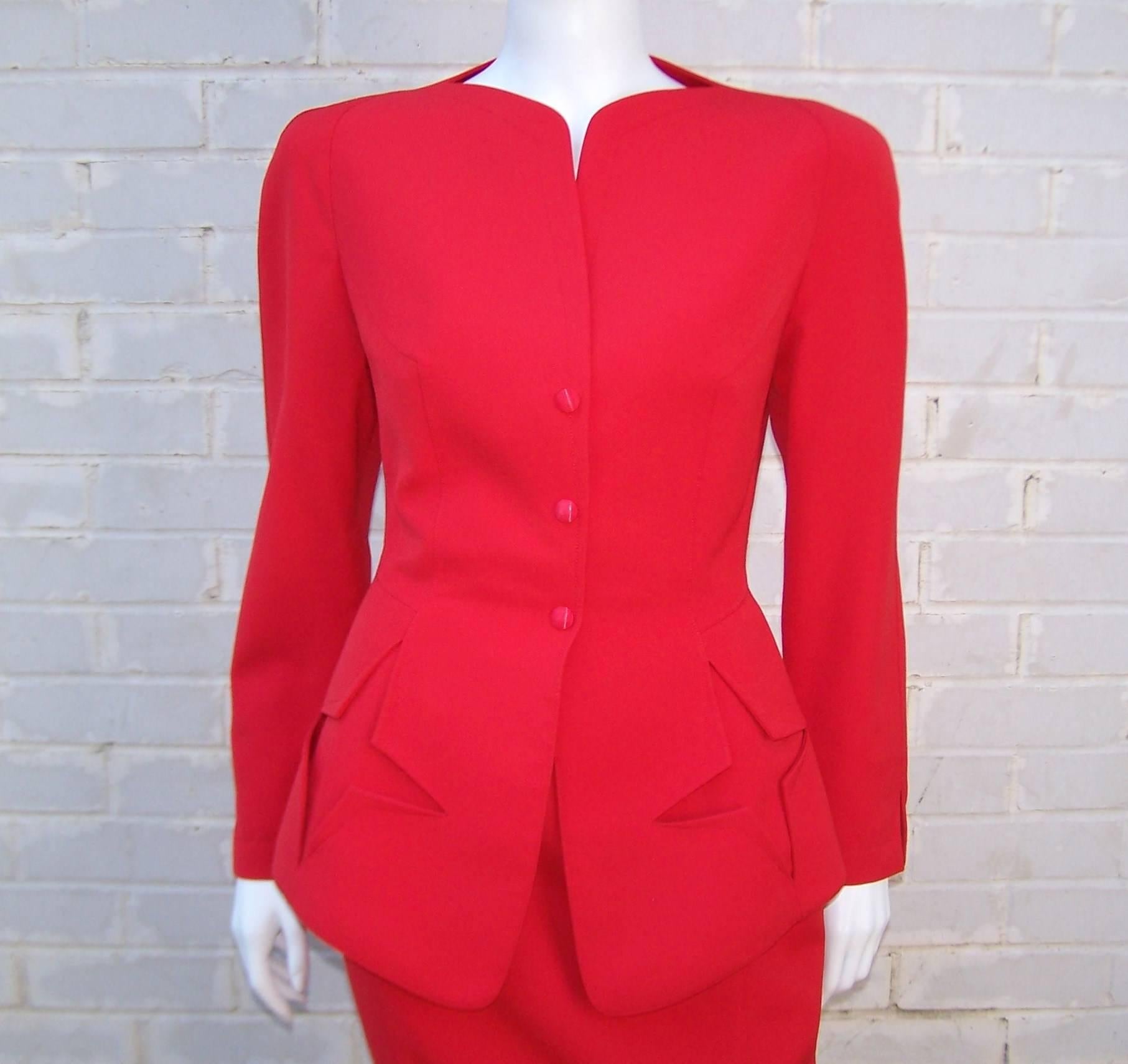 c.1990 Thierry Mugler Fiery Red Suit With Star Pockets & Stylized Skirt 1