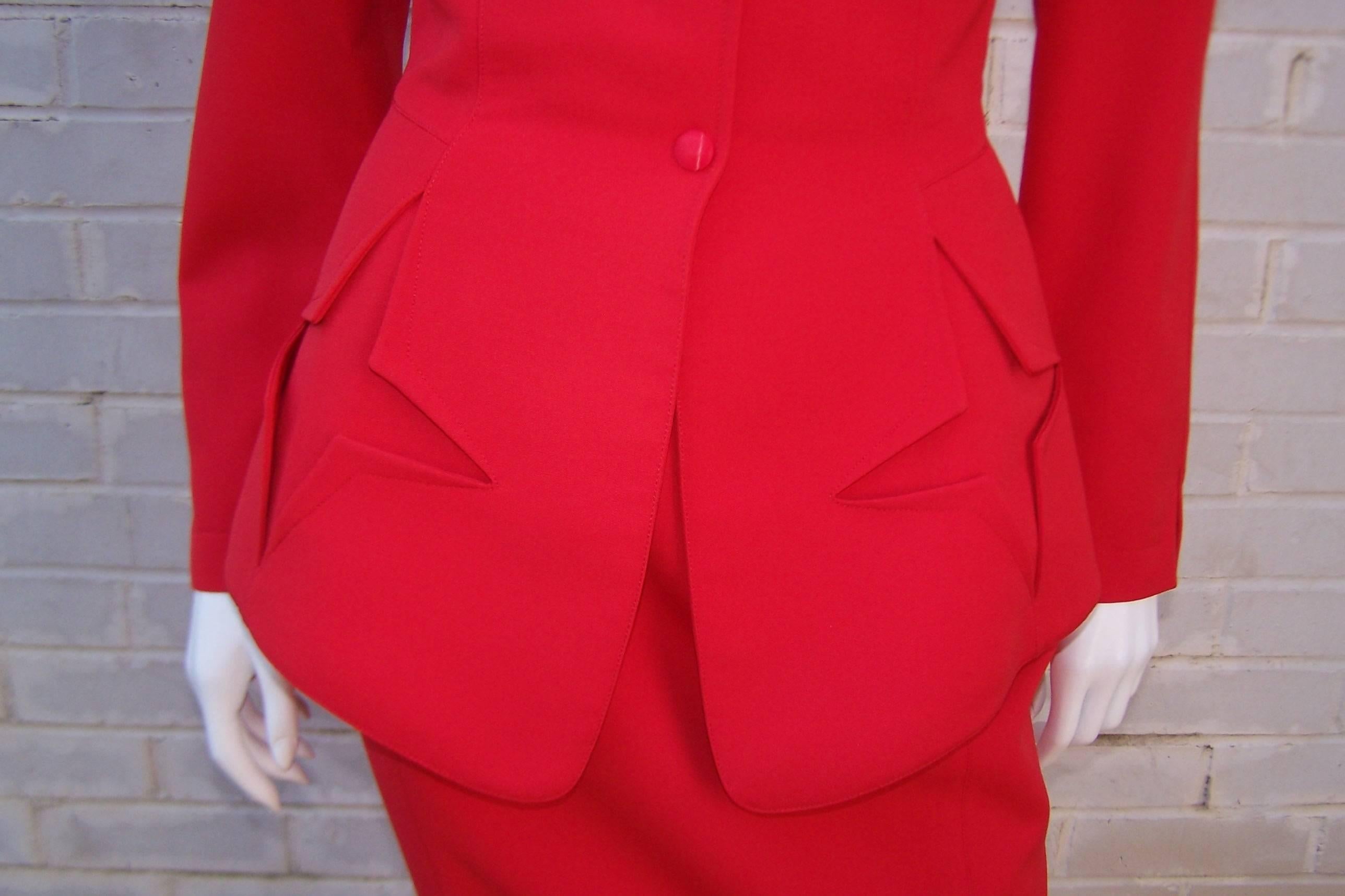 c.1990 Thierry Mugler Fiery Red Suit With Star Pockets & Stylized Skirt 2