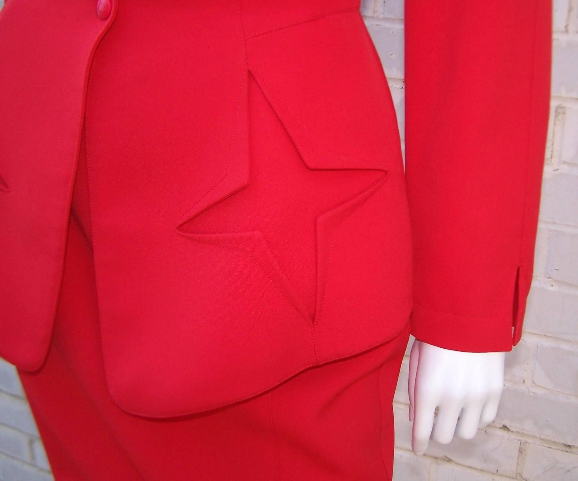 c.1990 Thierry Mugler Fiery Red Suit With Star Pockets & Stylized Skirt 3